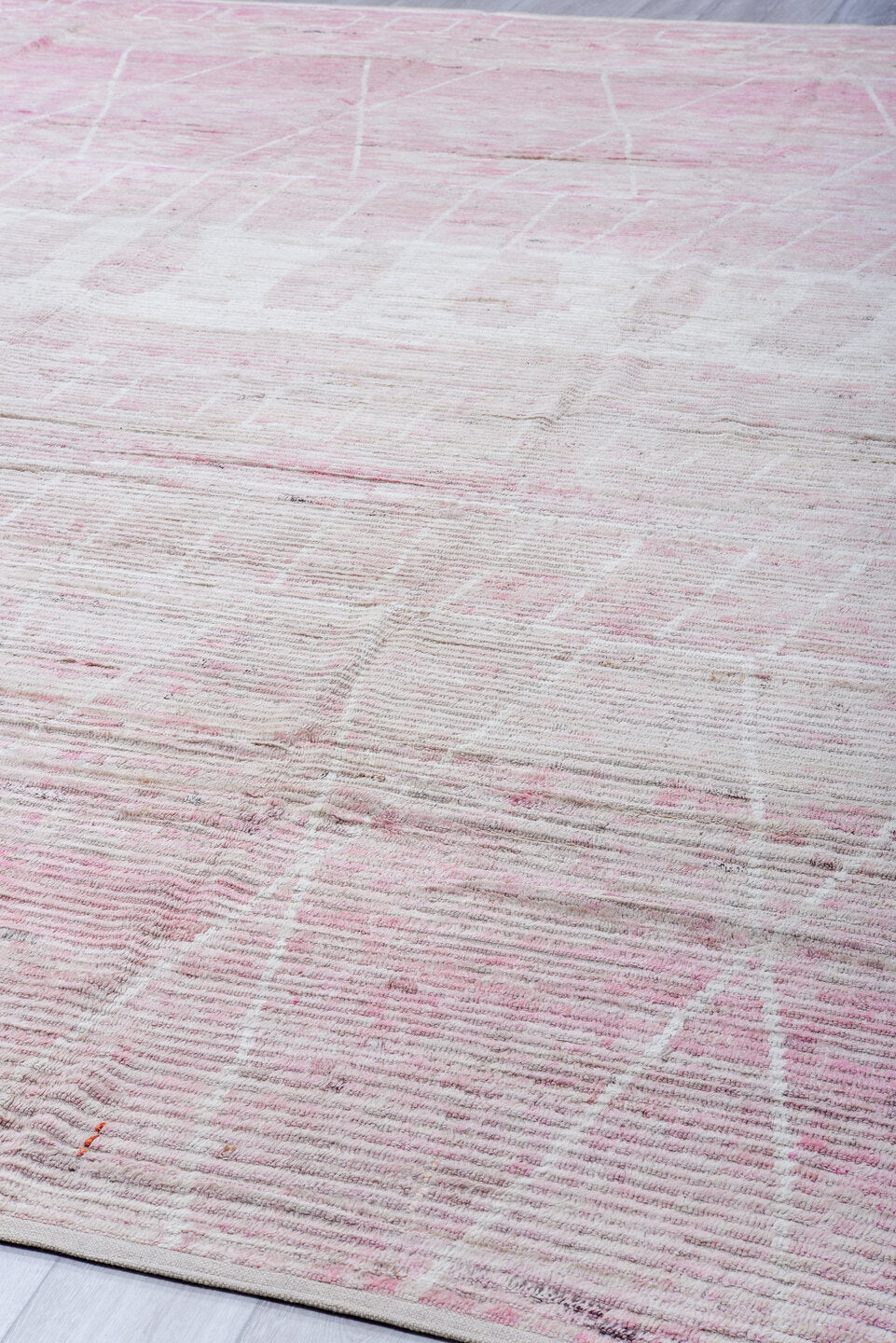 13' x 16' one-of-a-kind handmade vintage Tulu oversize rug. Color palette: ivory, blush pink, cream, pale rose, taupe, pink