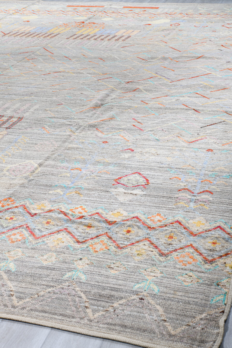 13' x 19' one-of-a-kind handmade vintage Tulu oversize rug. Color palette: gray, ivory, coral, pale_blue, blush, taupe
