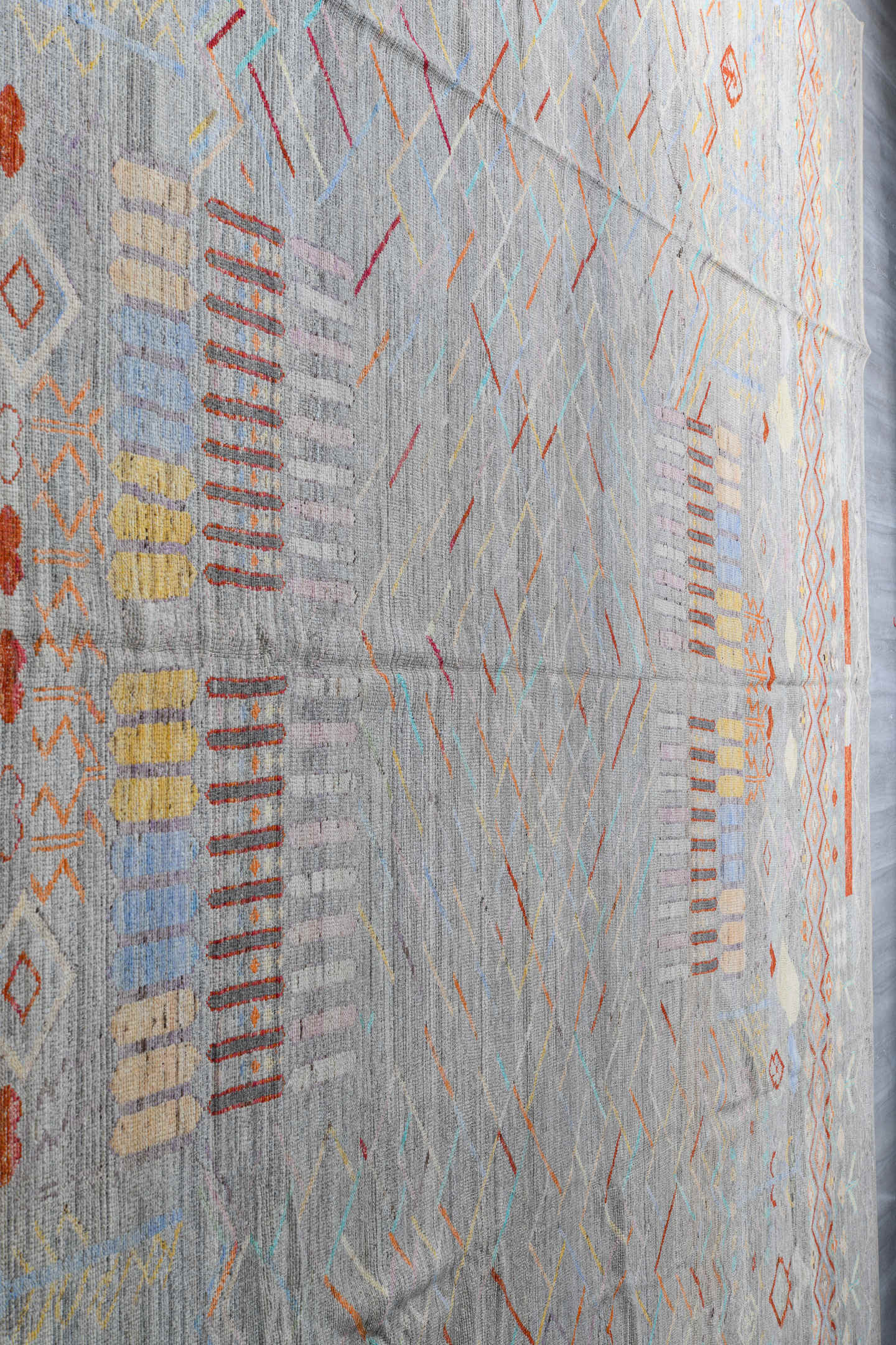 13' x 19' one-of-a-kind handmade vintage Tulu oversize rug. Color palette: gray, ivory, coral, pale_blue, blush, taupe