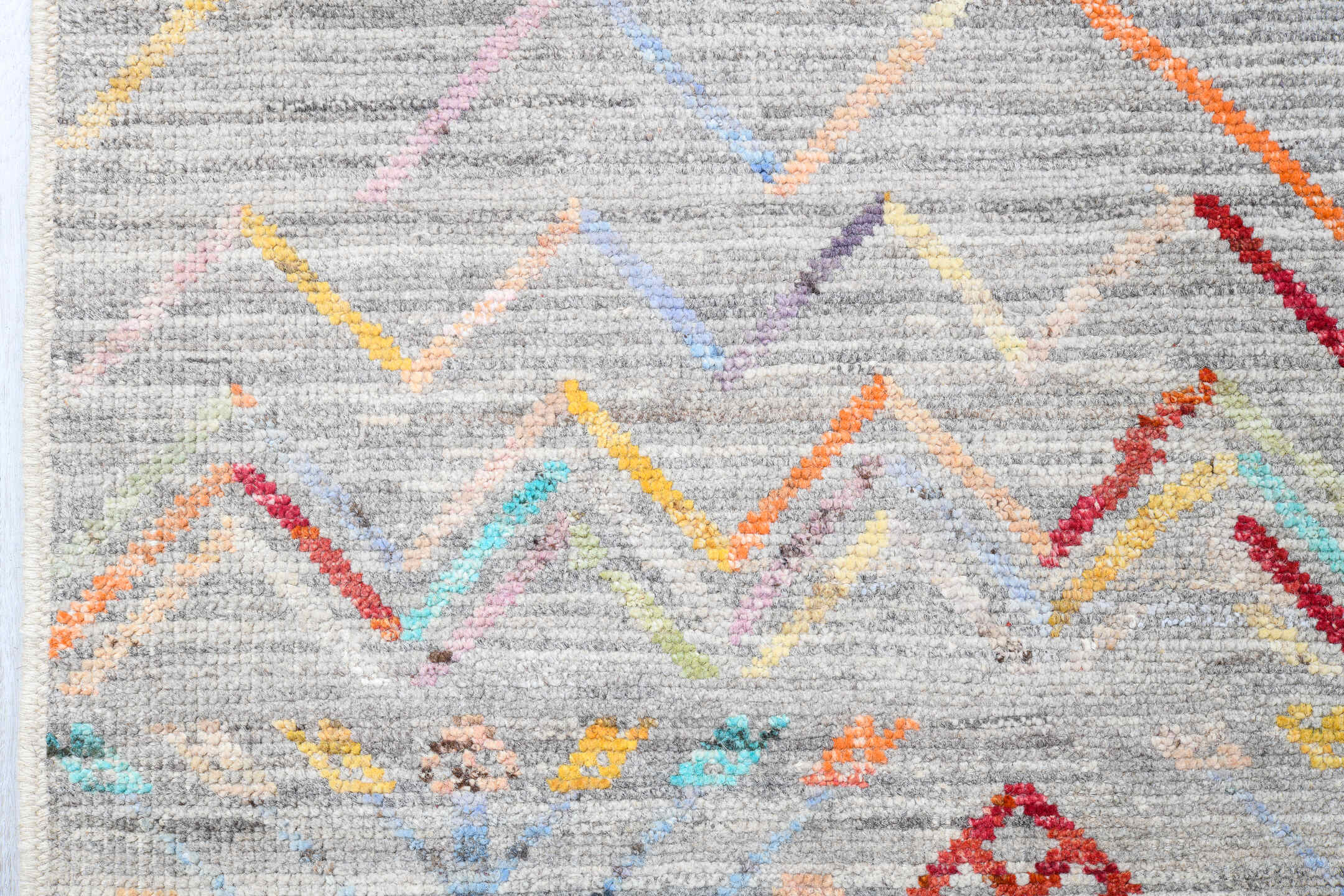 13' x 19' one-of-a-kind handmade vintage Tulu oversize rug. Color palette: gray, ivory, coral, pale_blue, blush, taupe