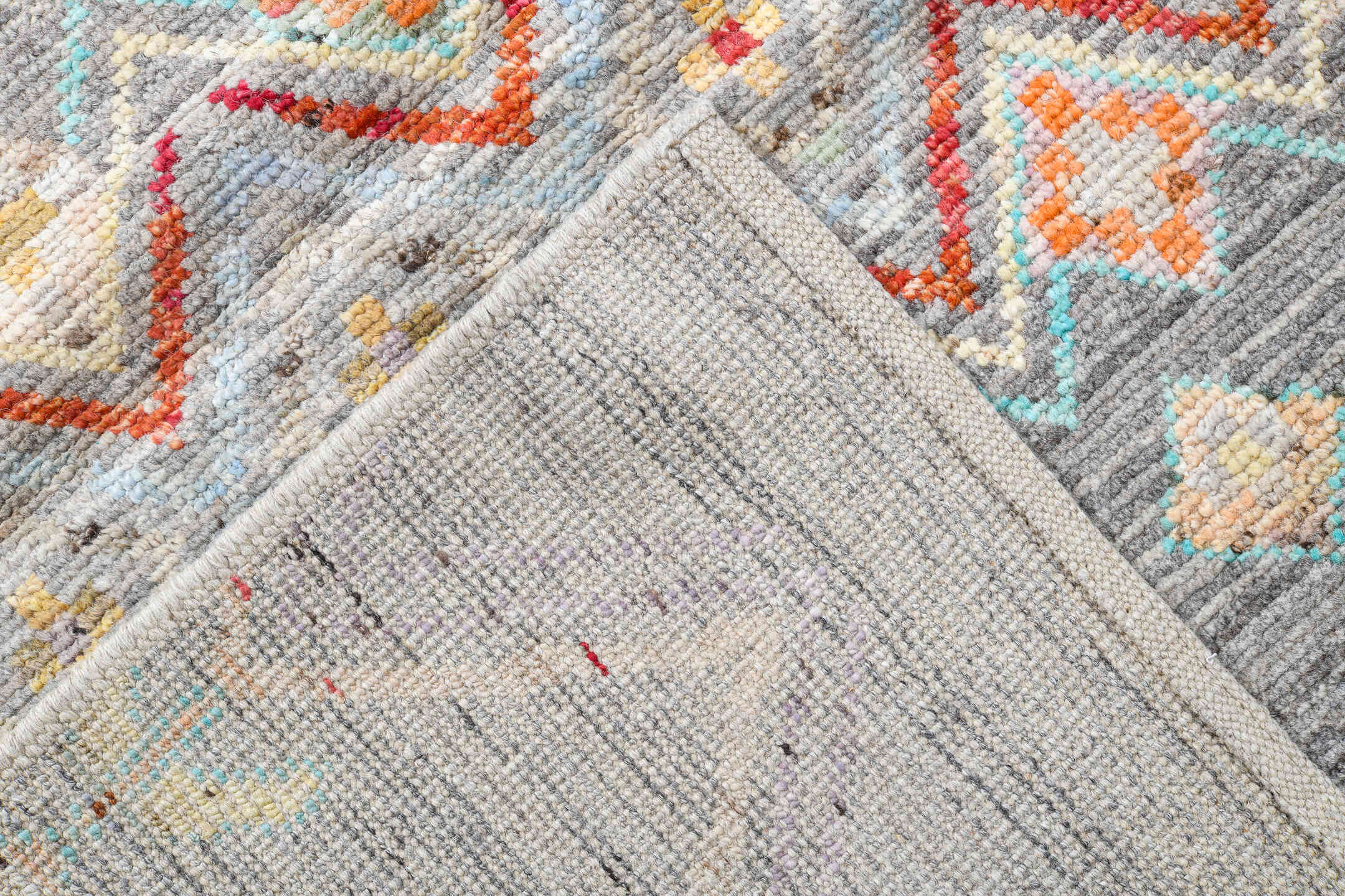13' x 19' one-of-a-kind handmade vintage Tulu oversize rug. Color palette: gray, ivory, coral, pale_blue, blush, taupe