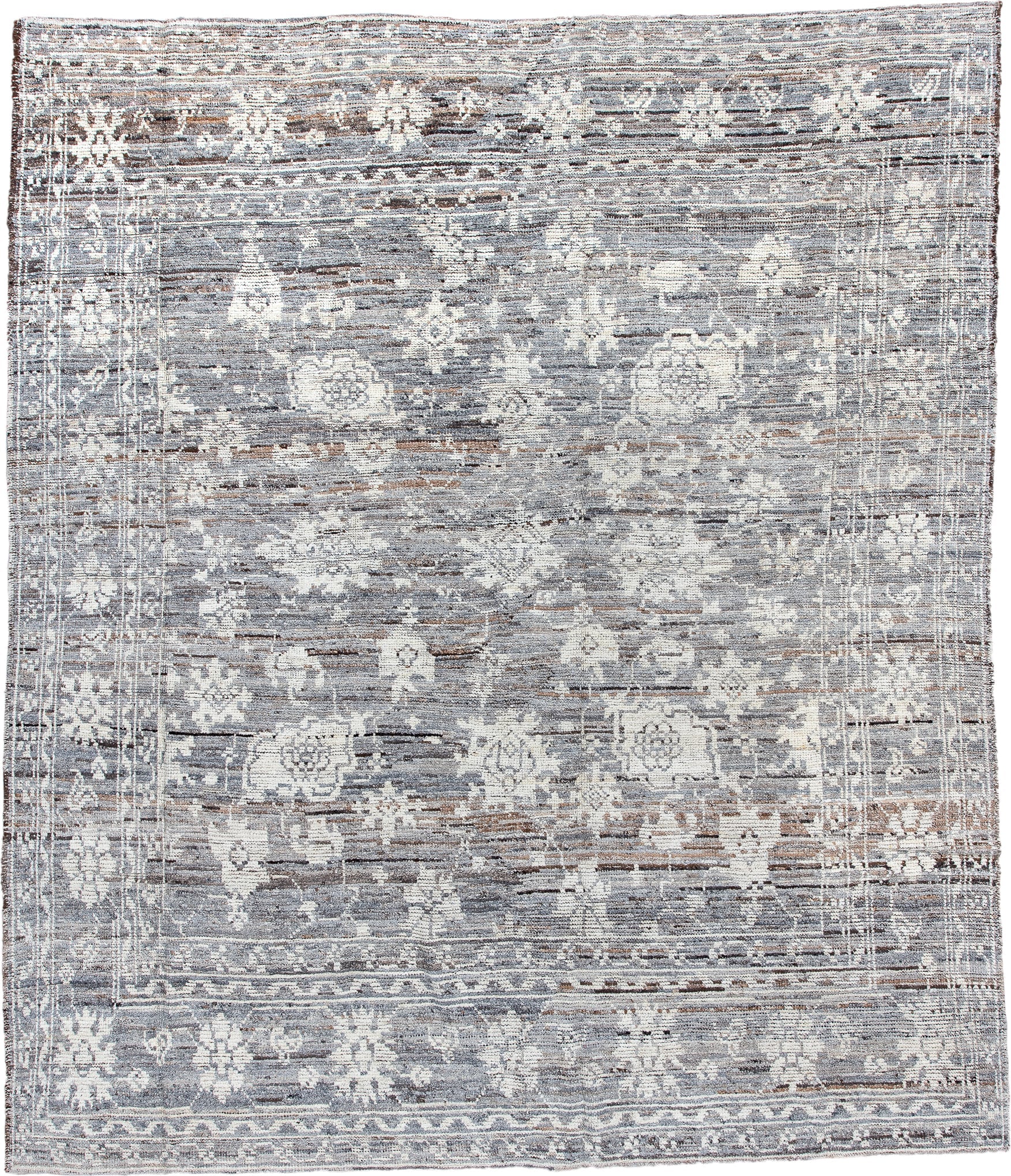 8' x 9' one-of-a-kind handmade vintage Tulu large size rug. Color palette: gray, ivory, taupe, brown, charcoal, beige, black