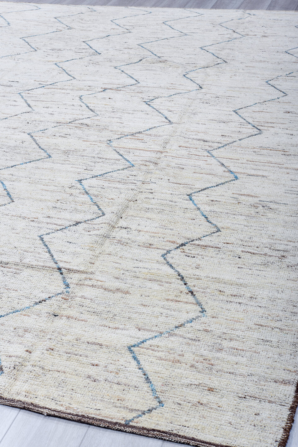 9' x 12' one-of-a-kind handmade vintage Tulu large size rug. Color palette: ivory, blue, taupe, brown, charcoal, beige, gray