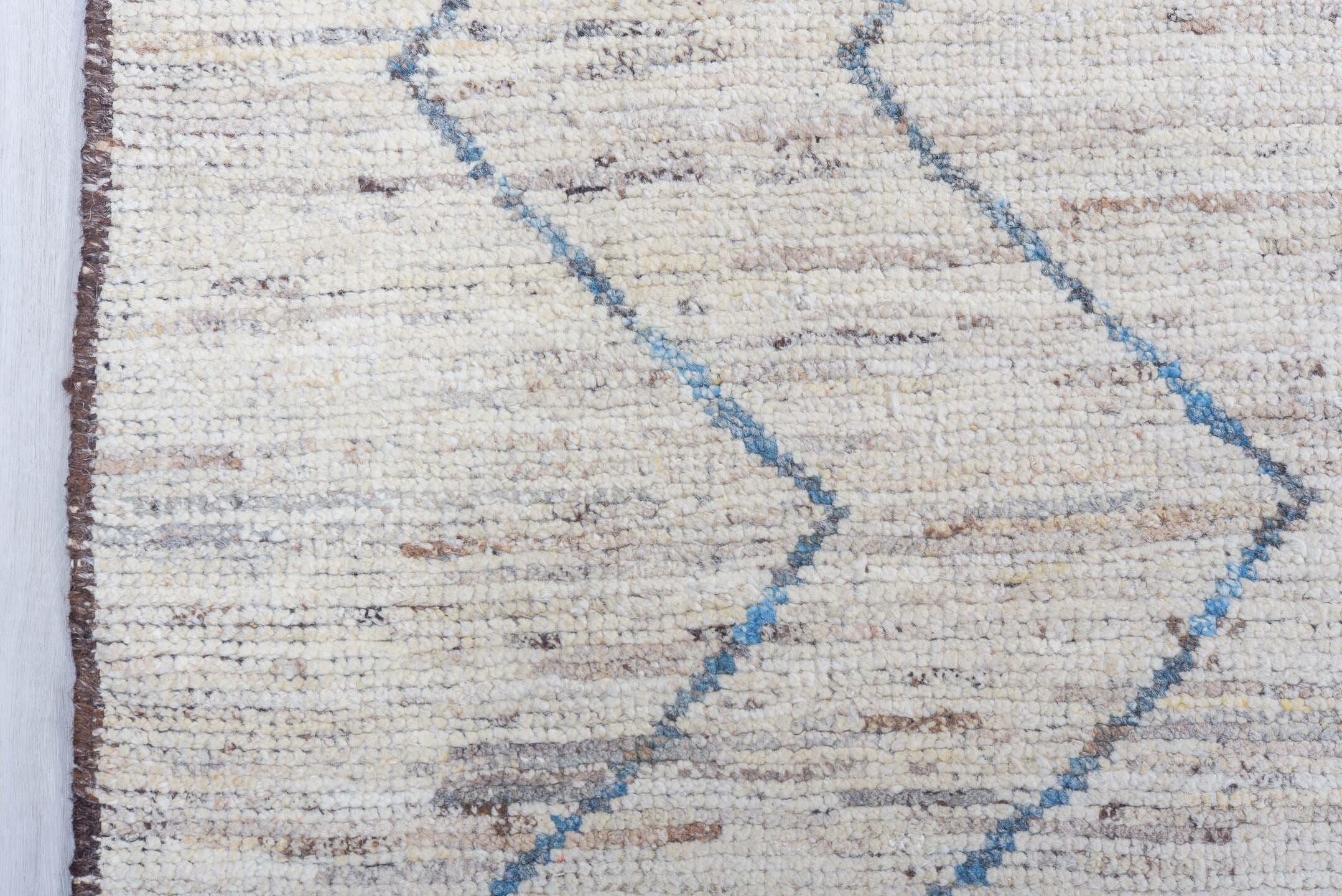 9' x 12' one-of-a-kind handmade vintage Tulu large size rug. Color palette: ivory, blue, taupe, brown, charcoal, beige, gray