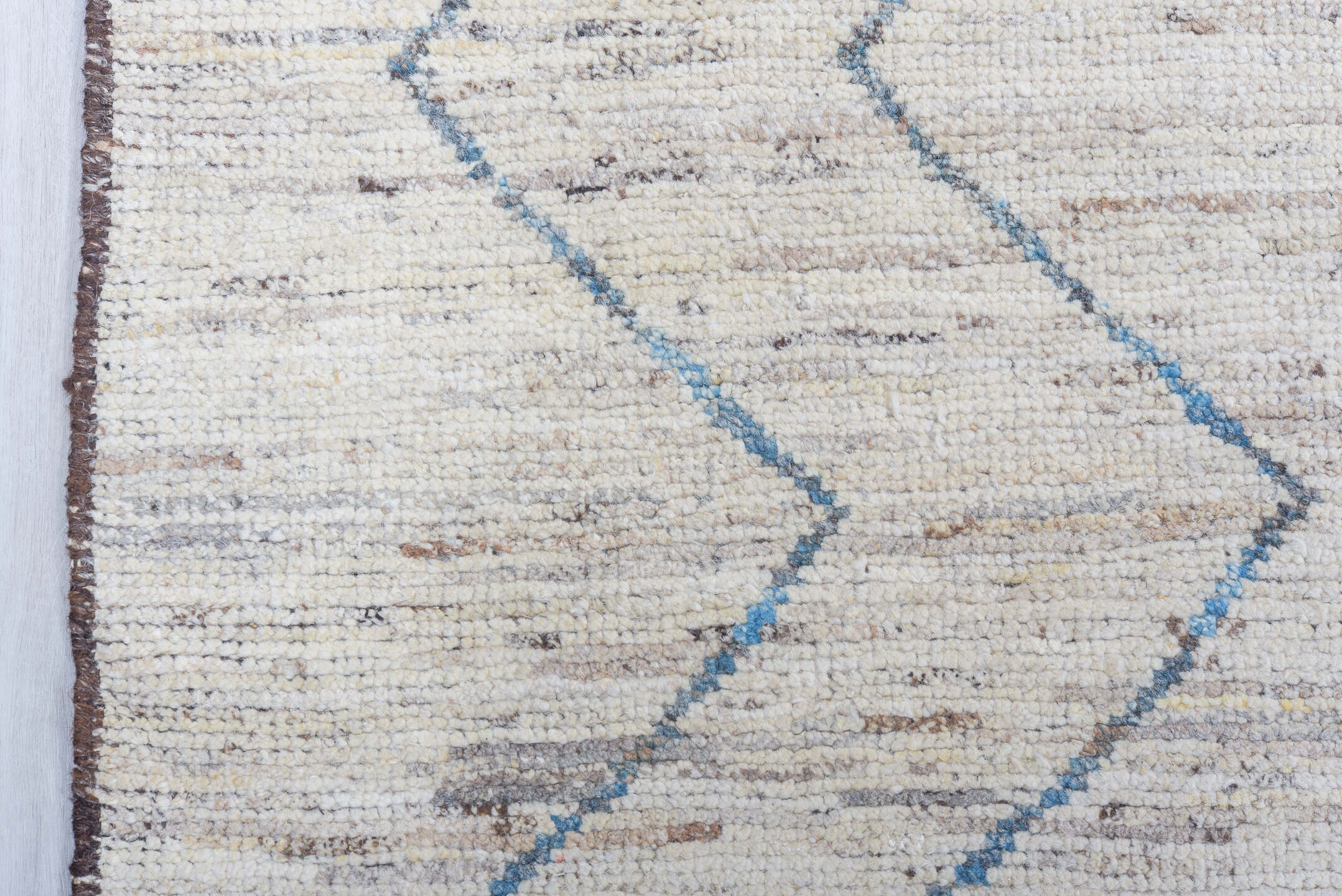 9' x 12' one-of-a-kind handmade vintage Tulu large size rug. Color palette: ivory, blue, taupe, brown, charcoal, beige, gray