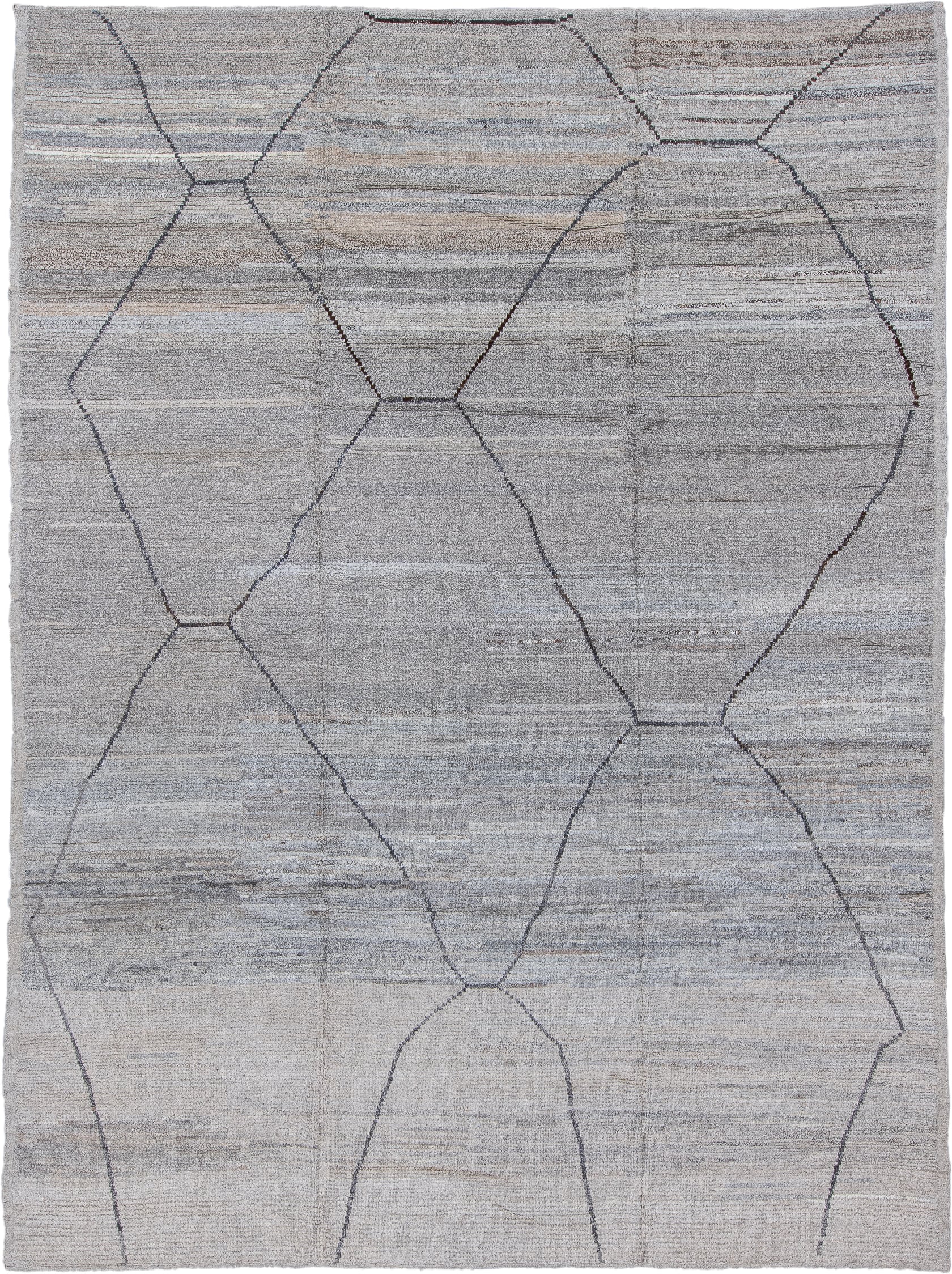 10' x 13' one-of-a-kind handmade vintage Tulu large size rug. Color palette: ivory, taupe, light gray, charcoal, greige