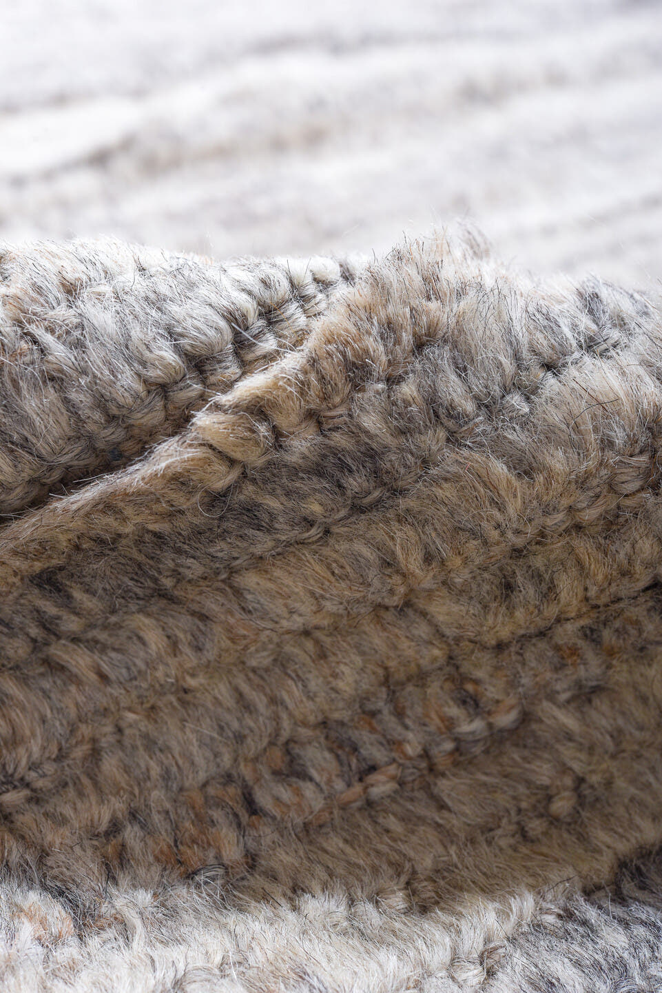 10' x 13' one-of-a-kind handmade vintage Tulu large size rug. Color palette: ivory, taupe, light gray, charcoal, greige