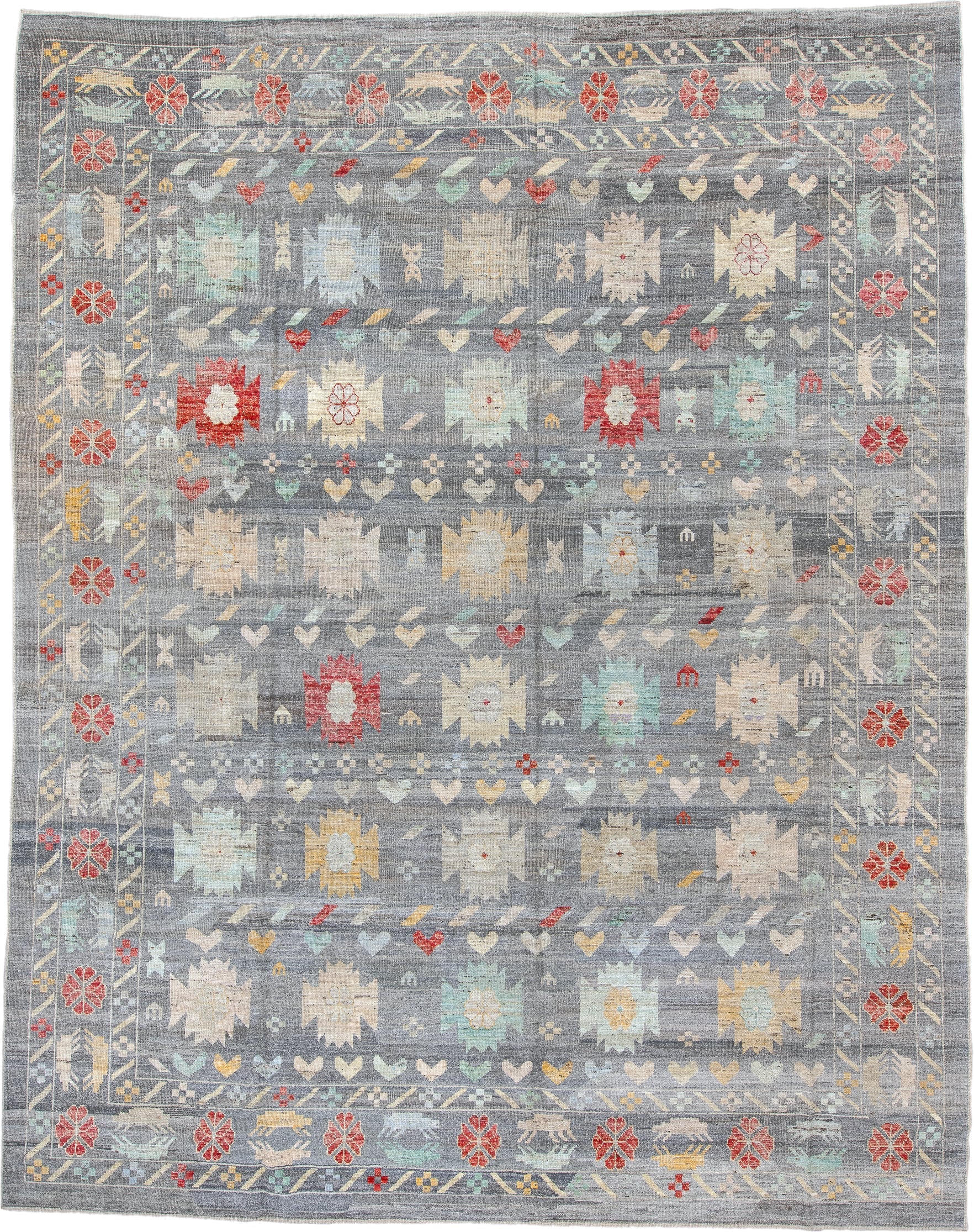 12' x 15' one-of-a-kind handmade vintage Tulu oversize rug. Color palette: blue gray, ivory, aqua, coral, saffron, taupe