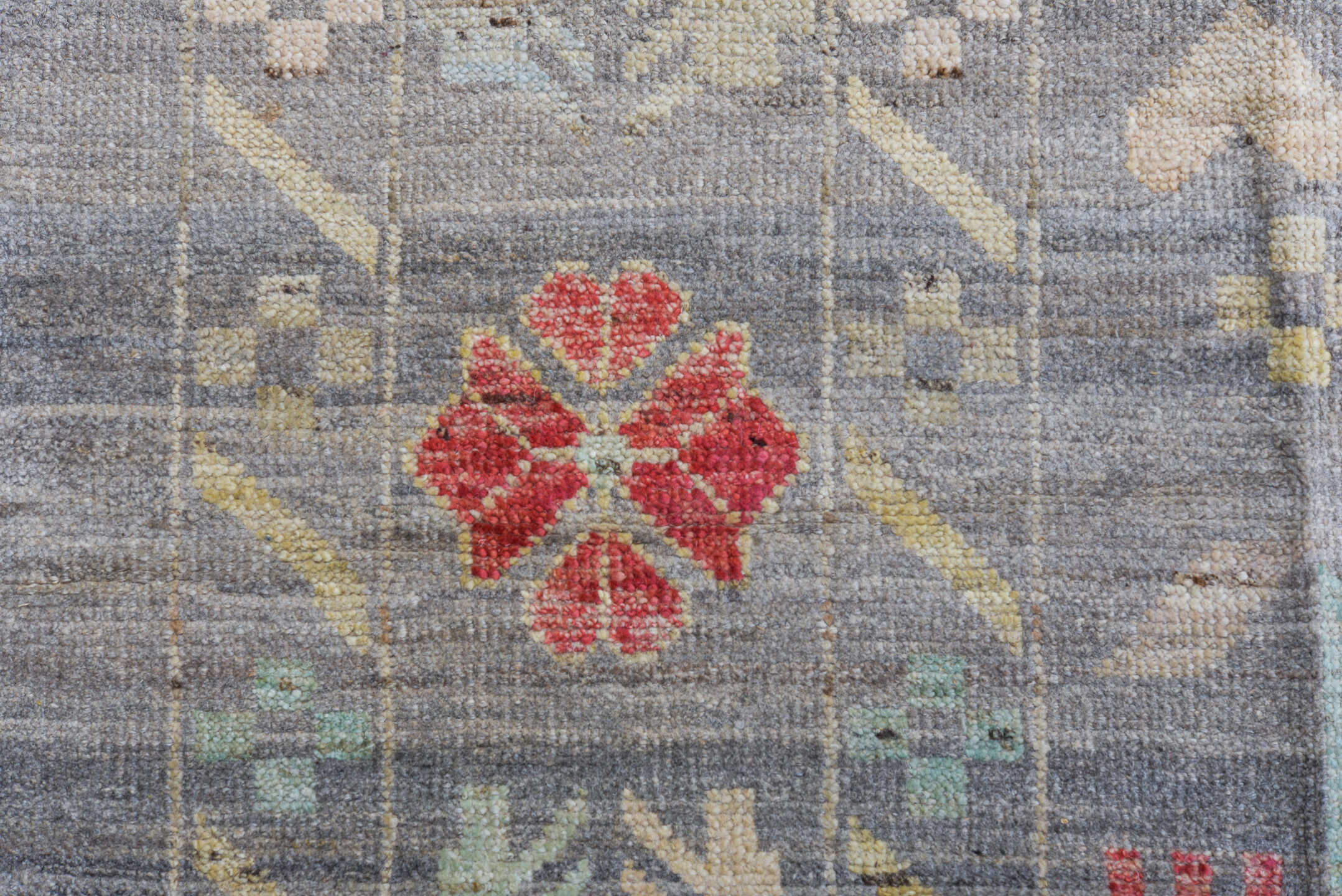 12' x 15' one-of-a-kind handmade vintage Tulu oversize rug. Color palette: blue gray, ivory, aqua, coral, saffron, taupe