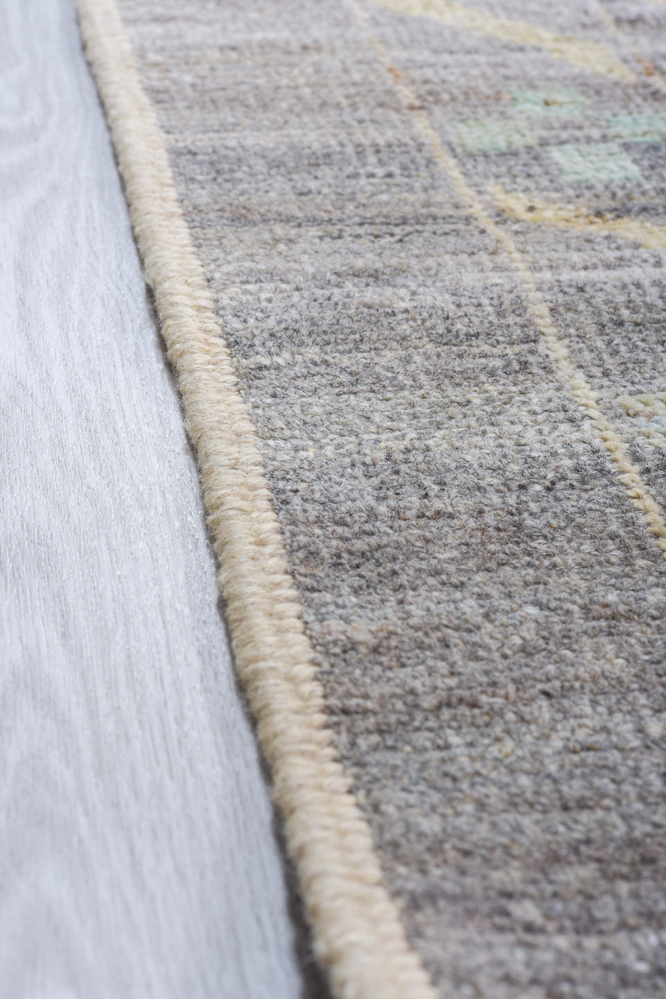 12' x 15' one-of-a-kind handmade vintage Tulu oversize rug. Color palette: blue gray, ivory, aqua, coral, saffron, taupe
