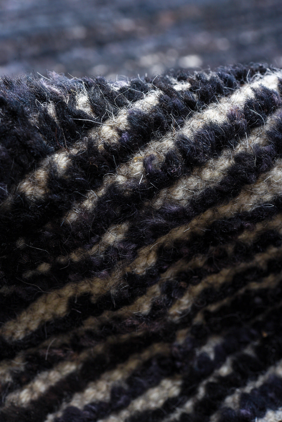 11' x 14' one-of-a-kind handmade vintage Tulu oversize rug. Color palette: charcoal, indigo, ivory, slate, blue gray, black
