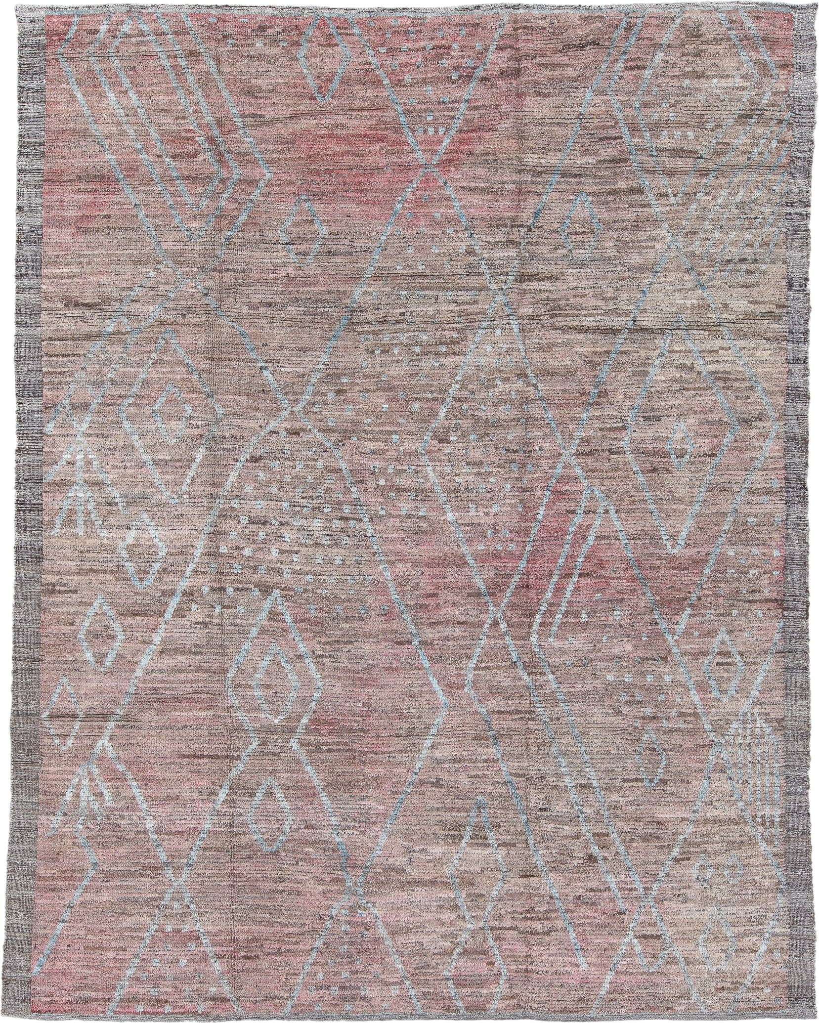 9' x 11' one-of-a-kind handmade vintage Tulu large size rug. Color palette: taupe, rose, dusty pink, pale blue, gray, beige