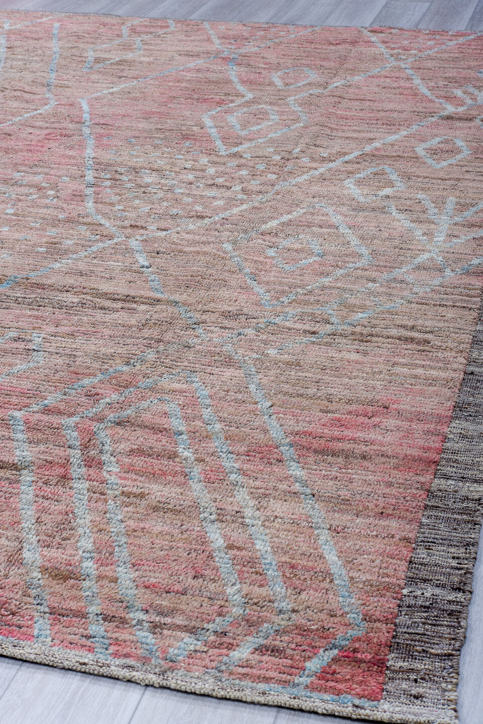 9' x 11' one-of-a-kind handmade vintage Tulu large size rug. Color palette: taupe, rose, dusty pink, pale blue, gray, beige