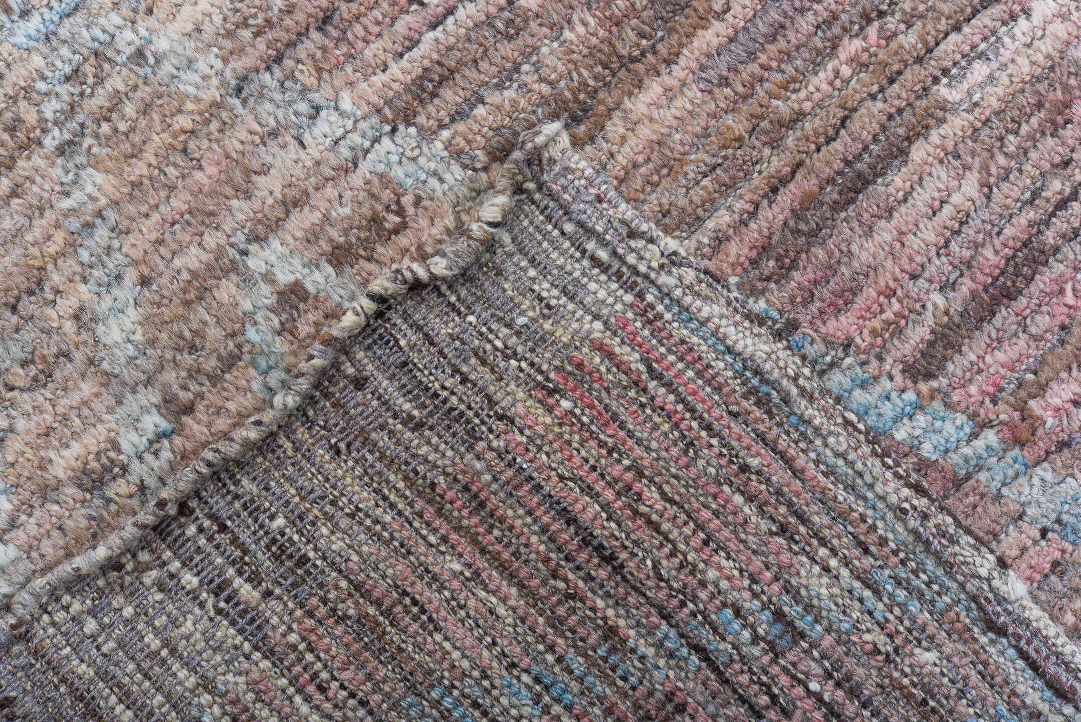9' x 11' one-of-a-kind handmade vintage Tulu large size rug. Color palette: taupe, rose, dusty pink, pale blue, gray, beige