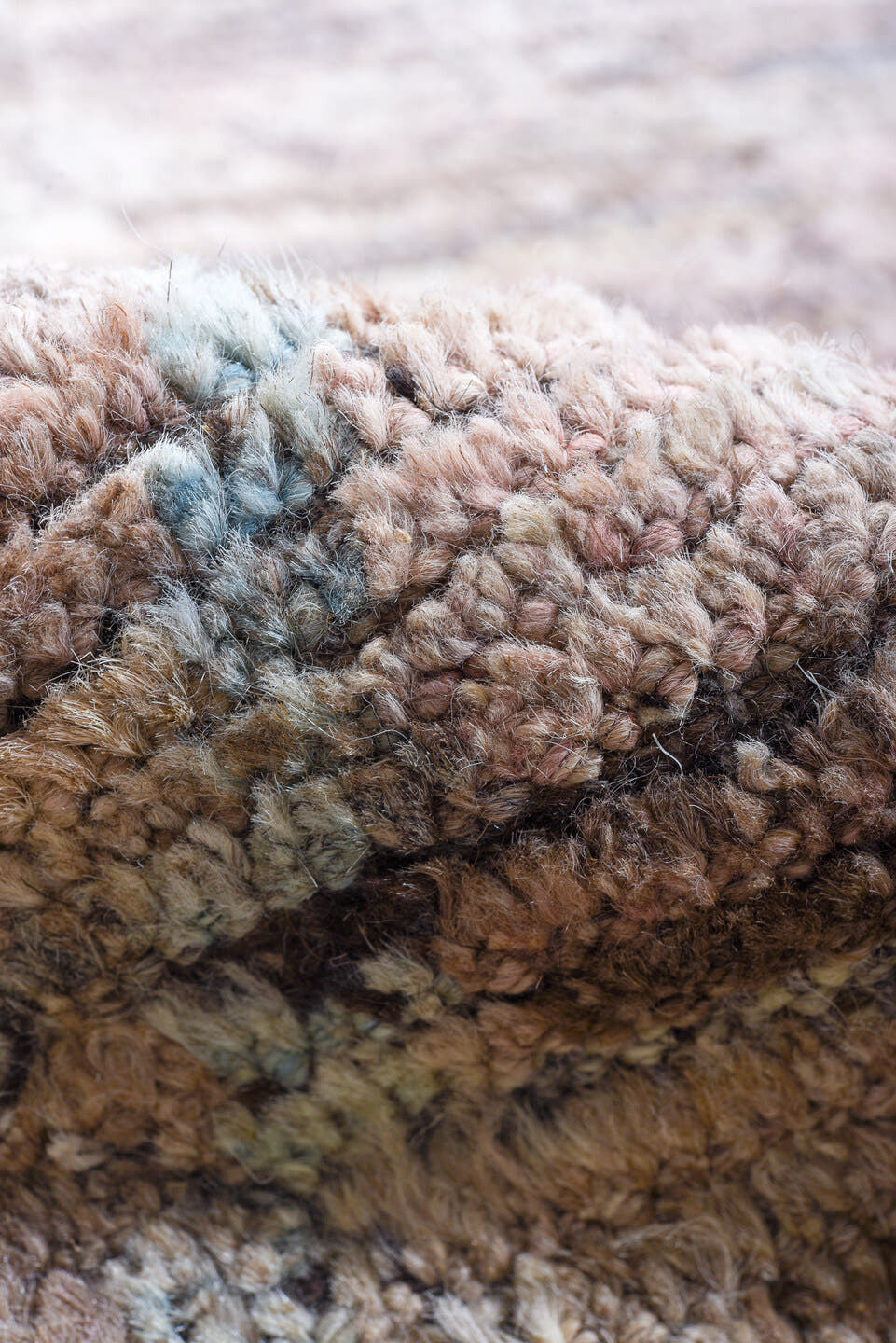 9' x 11' one-of-a-kind handmade vintage Tulu large size rug. Color palette: taupe, rose, dusty pink, pale blue, gray, beige