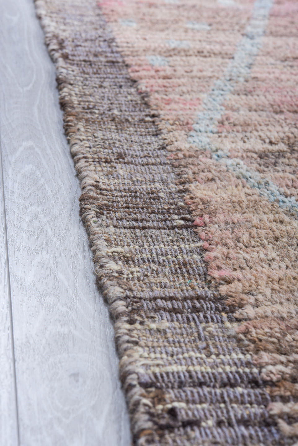 9' x 11' one-of-a-kind handmade vintage Tulu large size rug. Color palette: taupe, rose, dusty pink, pale blue, gray, beige
