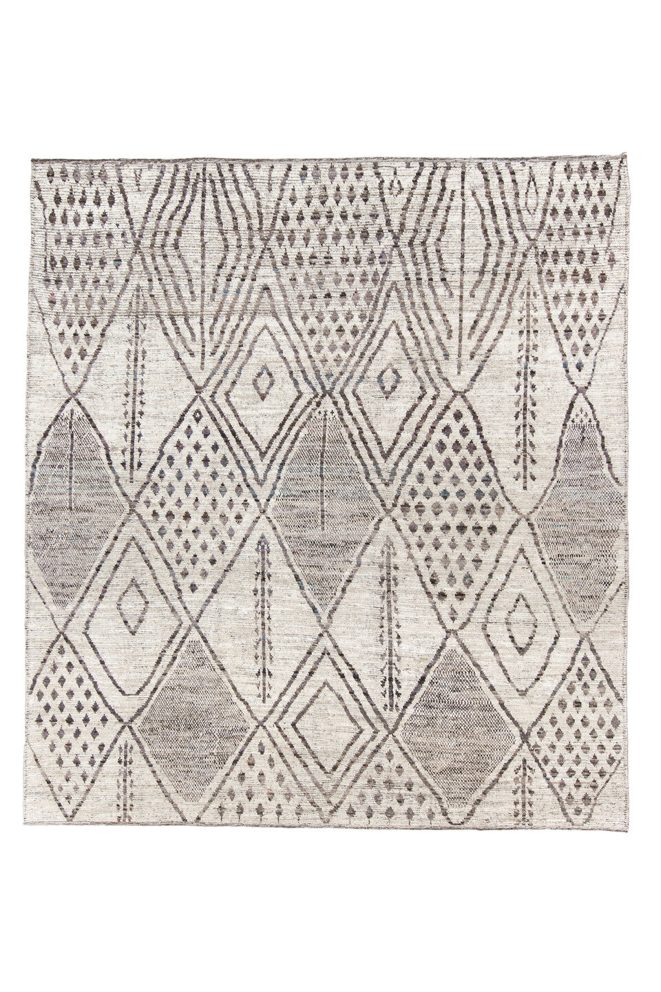 8' x 9' one-of-a-kind handmade vintage Tulu rug. Color palette: black, dark gray, gainsboro, gray, light gray, linen