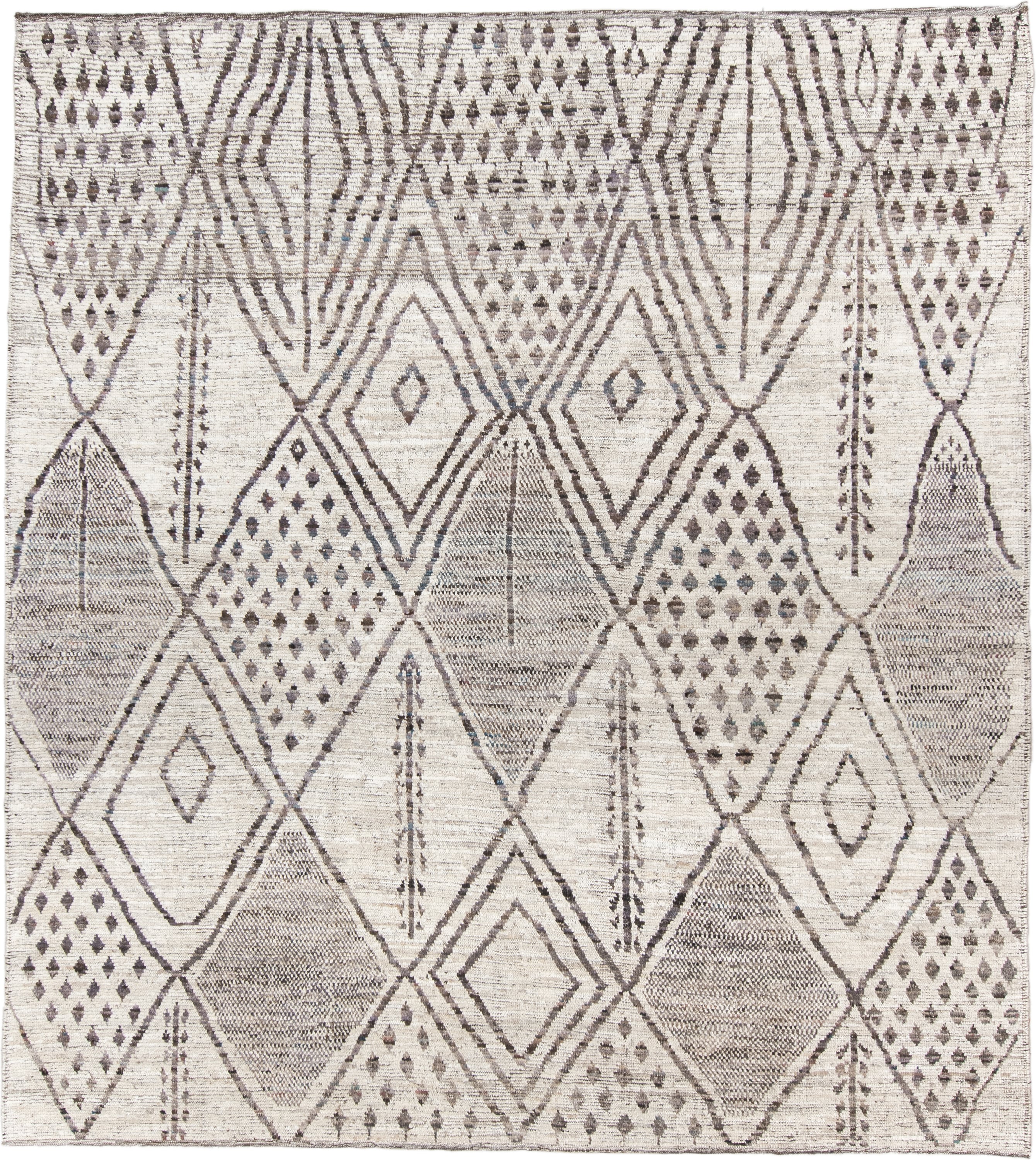 8' x 9' one-of-a-kind handmade vintage Tulu large size rug. Color palette: ivory, taupe, charcoal, gray, cream, beige, black