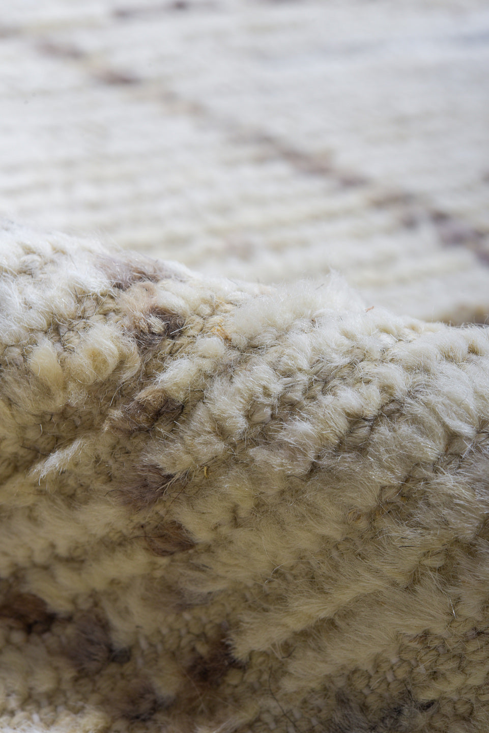 8' x 11' one-of-a-kind handmade vintage Tulu large size rug. Color palette: ivory, taupe, brown, gray, beige