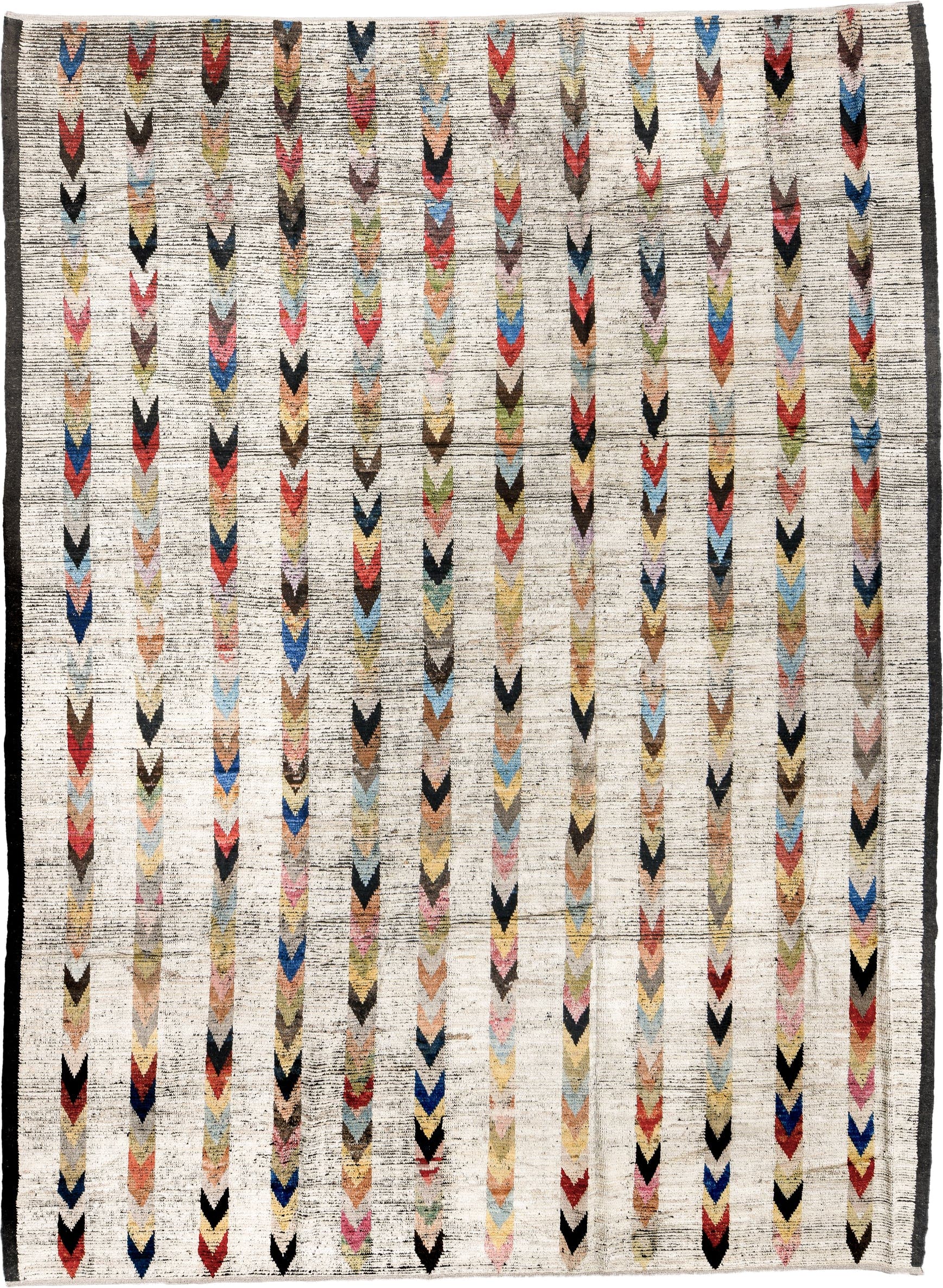 10' x 13' one-of-a-kind handmade vintage Tulu large size rug. Color palette: ivory, charcoal, coral, cobalt, peach, gold