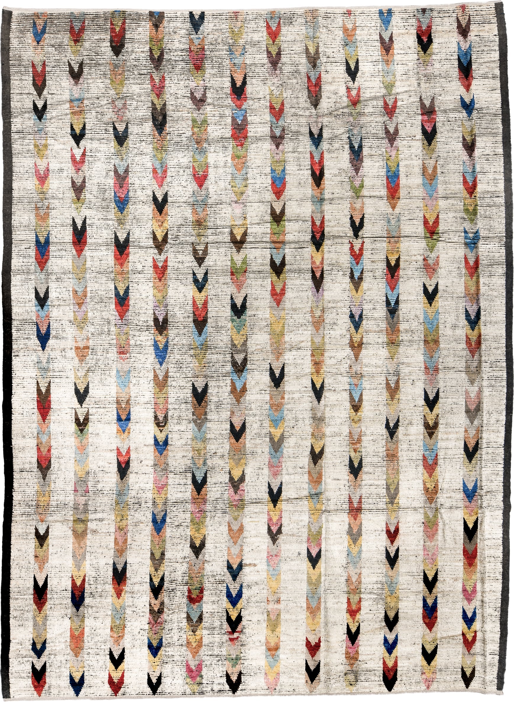 10' x 13' one-of-a-kind handmade vintage Tulu large size rug. Color palette: ivory, charcoal, coral, cobalt, peach, gold