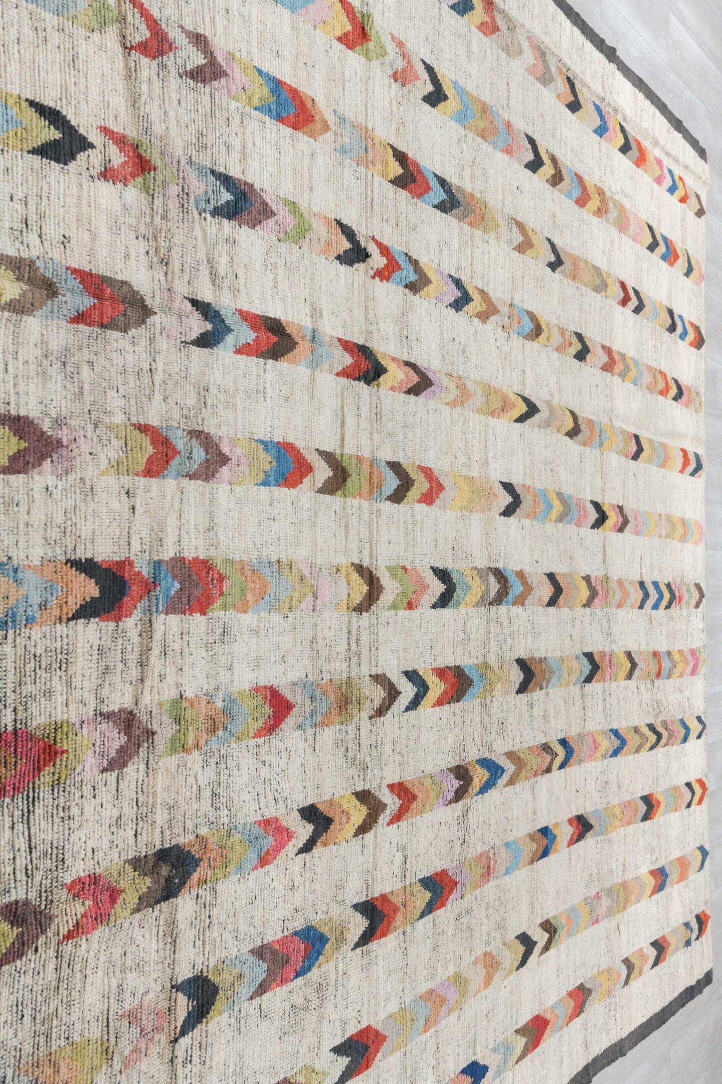 10' x 13' one-of-a-kind handmade vintage Tulu large size rug. Color palette: ivory, charcoal, coral, cobalt, peach, gold