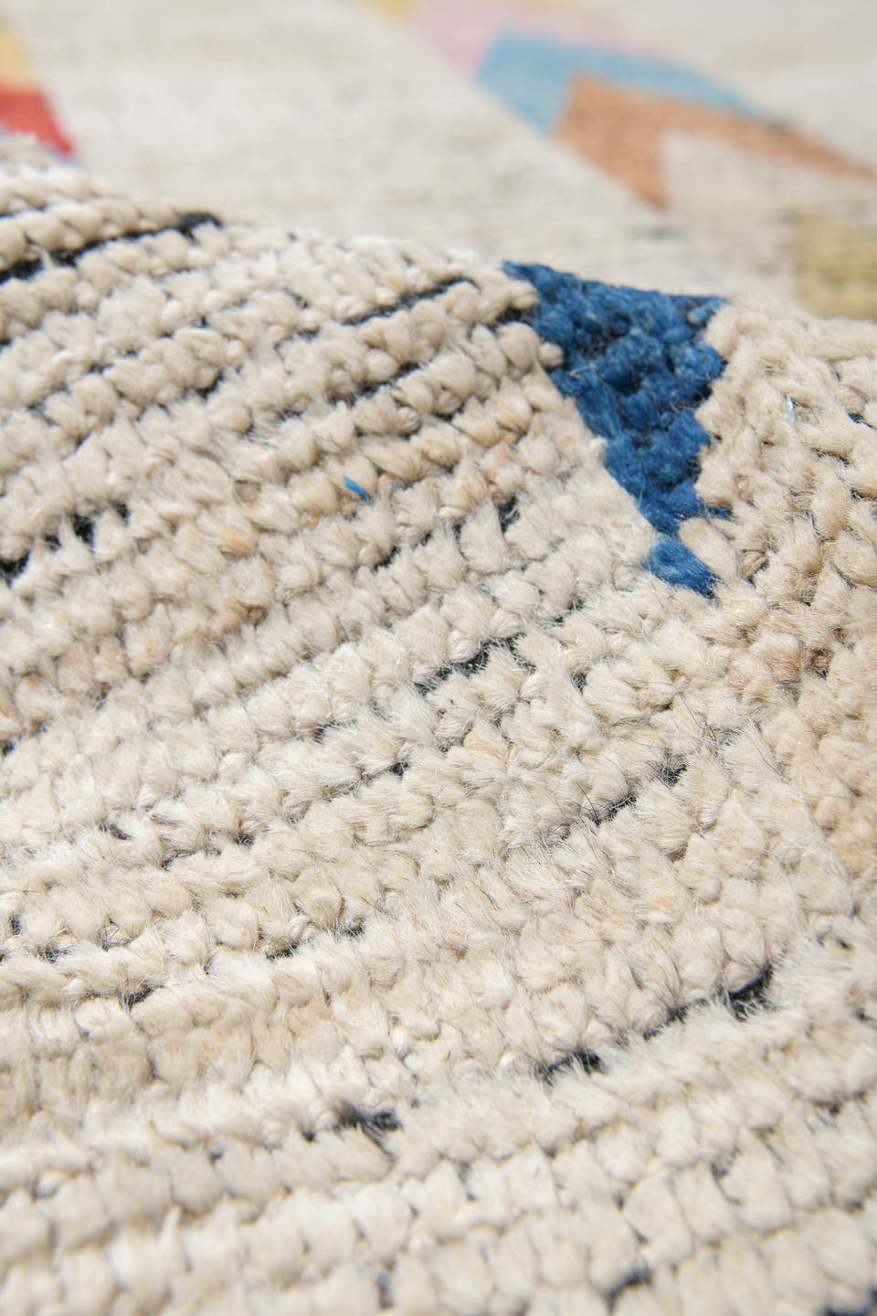 10' x 13' one-of-a-kind handmade vintage Tulu large size rug. Color palette: ivory, charcoal, coral, cobalt, peach, gold