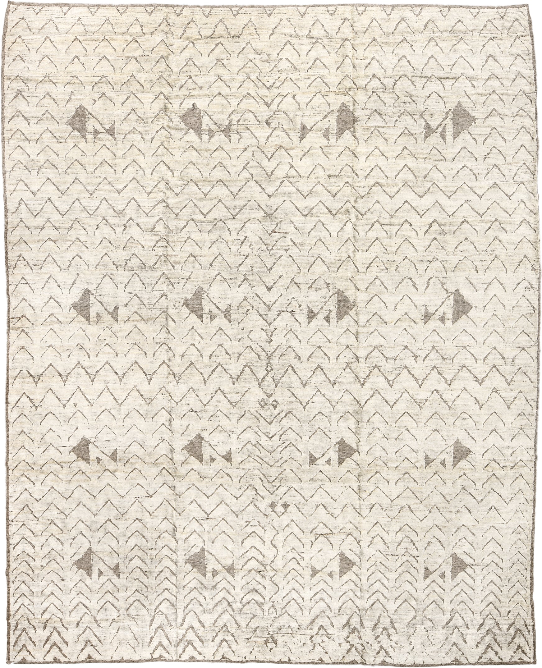 9' x 11' one-of-a-kind handmade vintage Tulu large size rug. Color palette: ivory, taupe, beige, gray