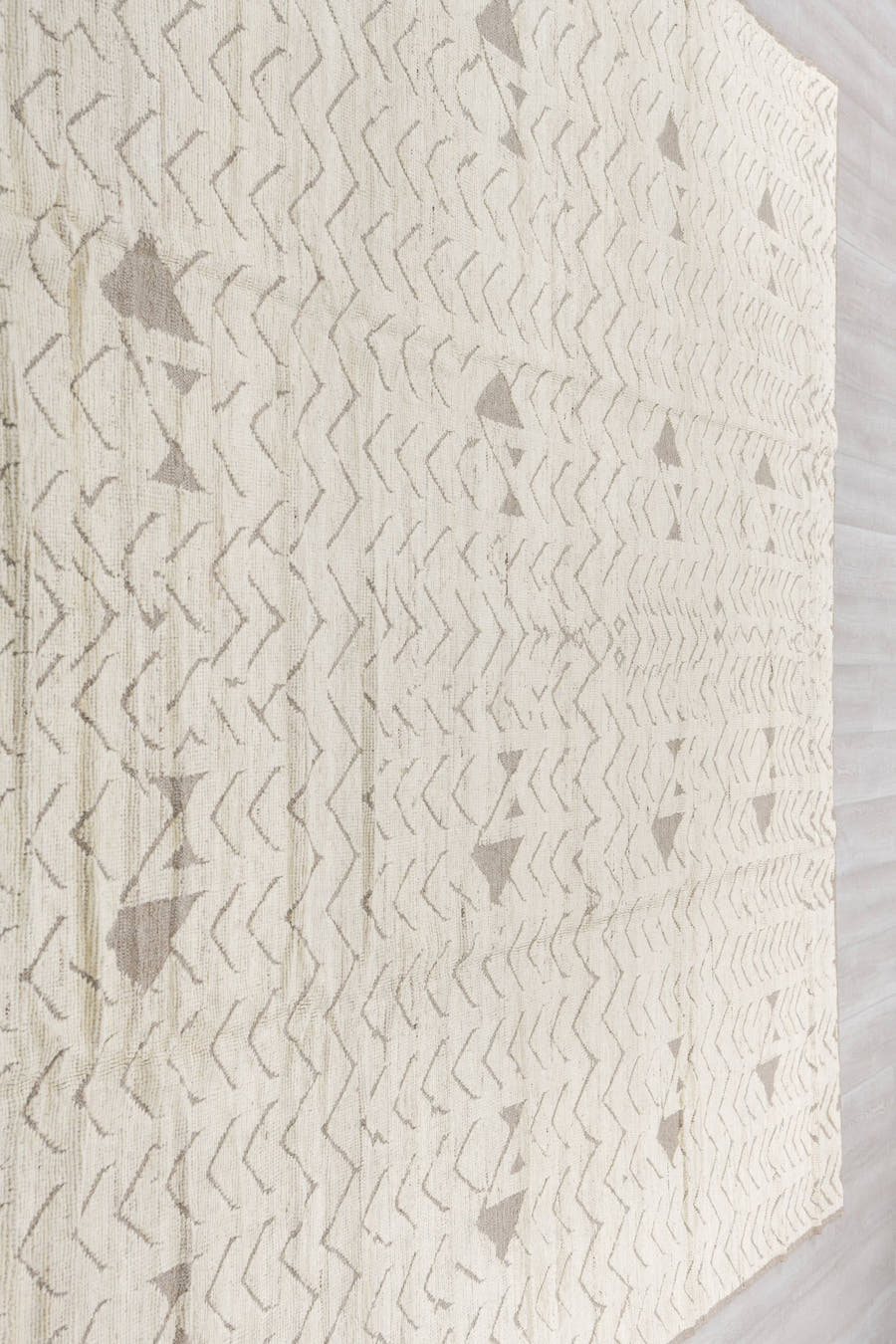 9' x 11' one-of-a-kind handmade vintage Tulu large size rug. Color palette: ivory, taupe, beige, gray