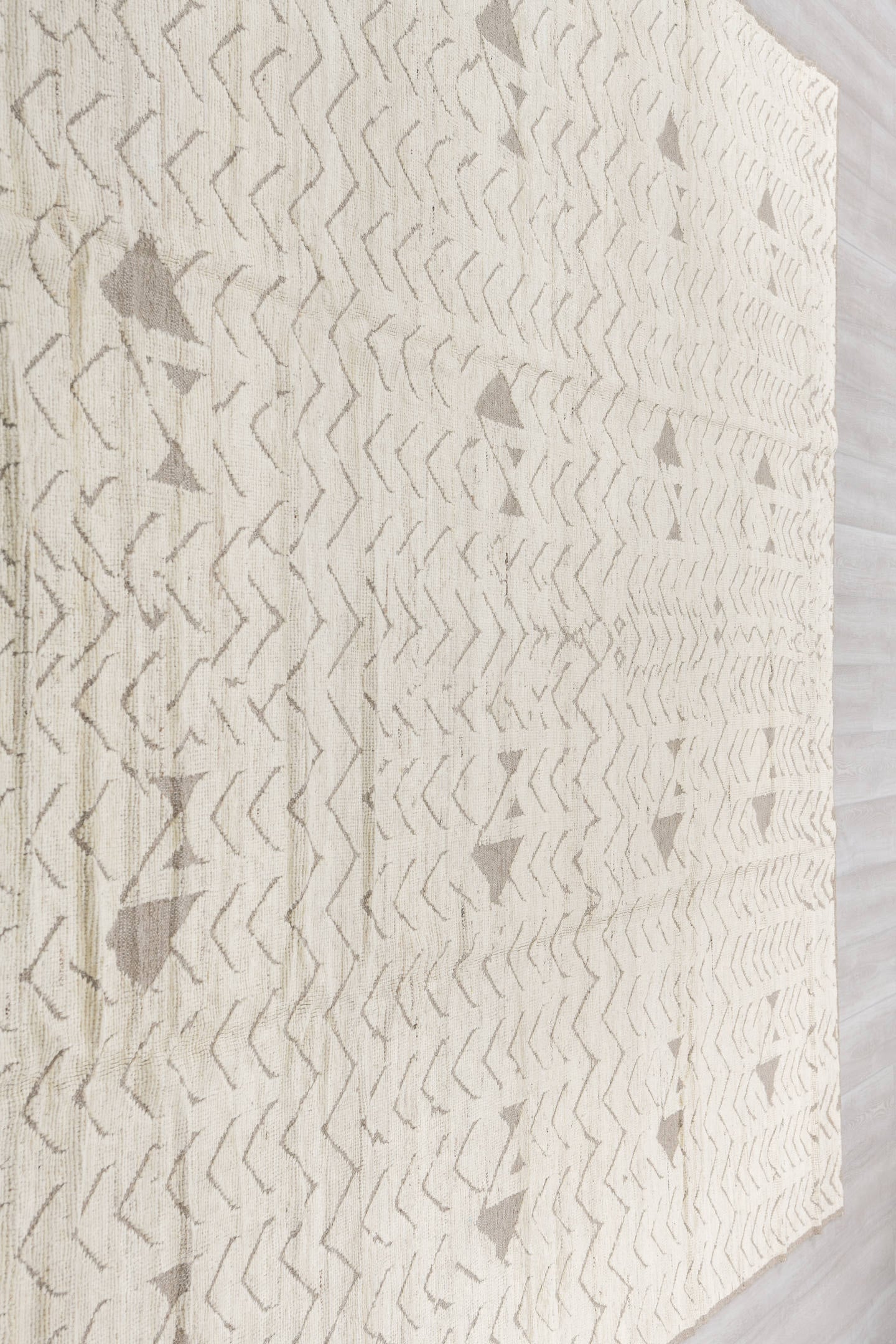 9' x 11' one-of-a-kind handmade vintage Tulu large size rug. Color palette: ivory, taupe, beige, gray