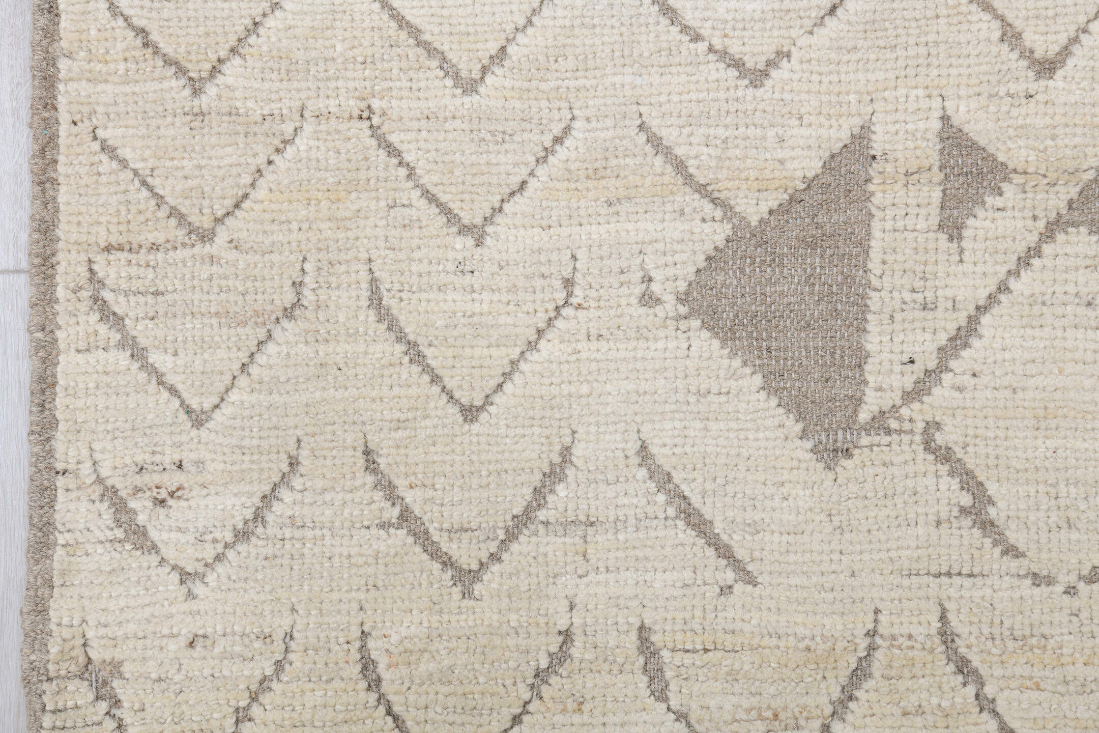 9' x 11' one-of-a-kind handmade vintage Tulu large size rug. Color palette: ivory, taupe, beige, gray