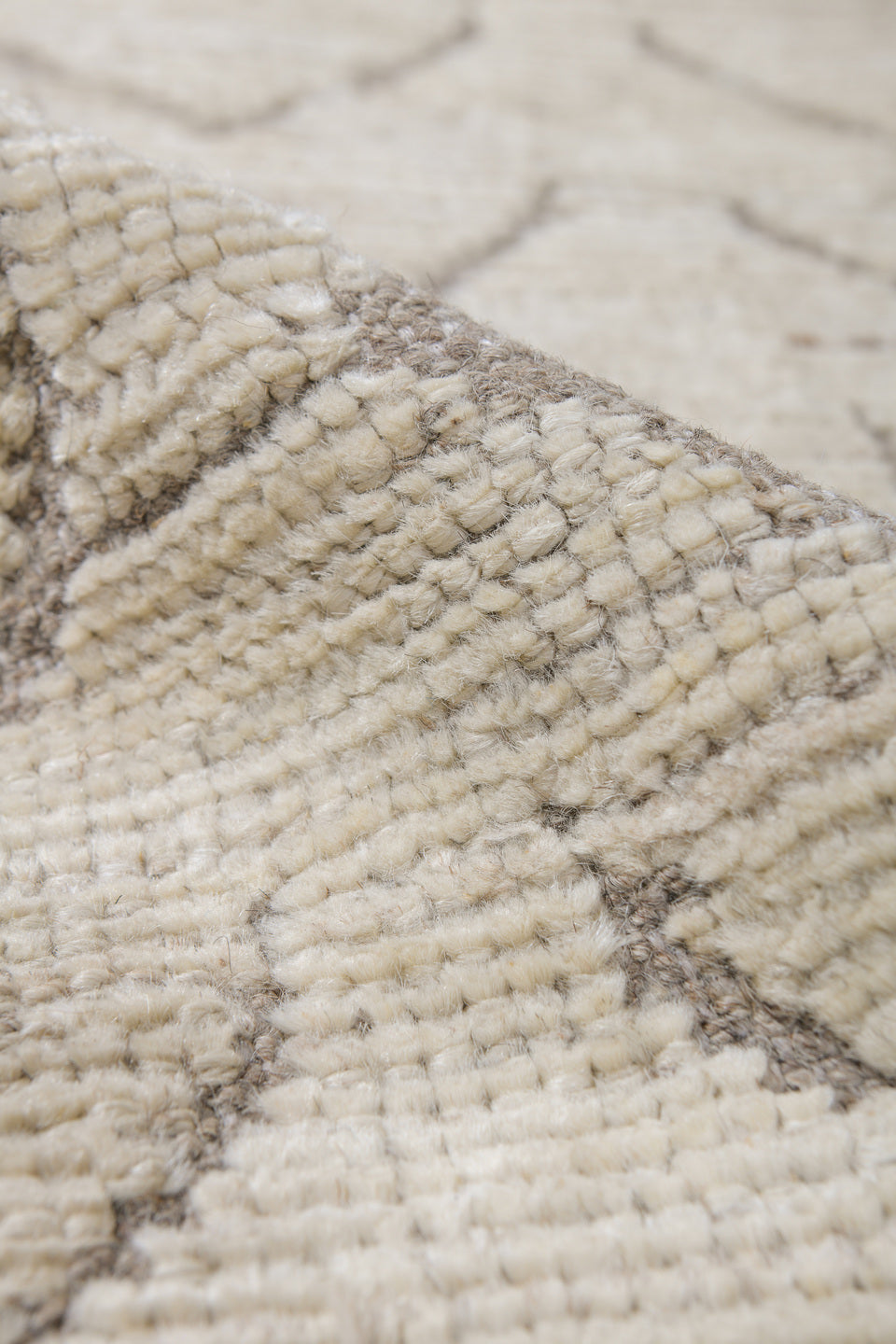 9' x 11' one-of-a-kind handmade vintage Tulu large size rug. Color palette: ivory, taupe, beige, gray