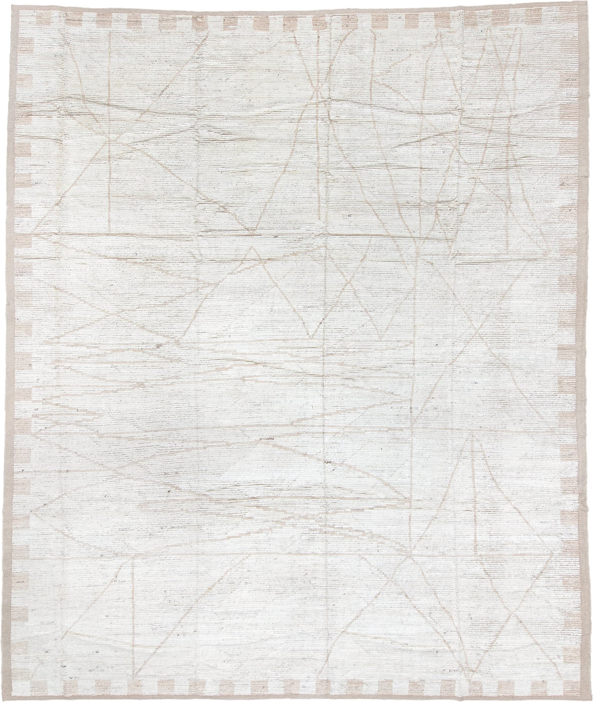 13' x 16' one-of-a-kind handmade vintage Tulu oversize rug. Color palette: ivory, cream, taupe, beige, gray