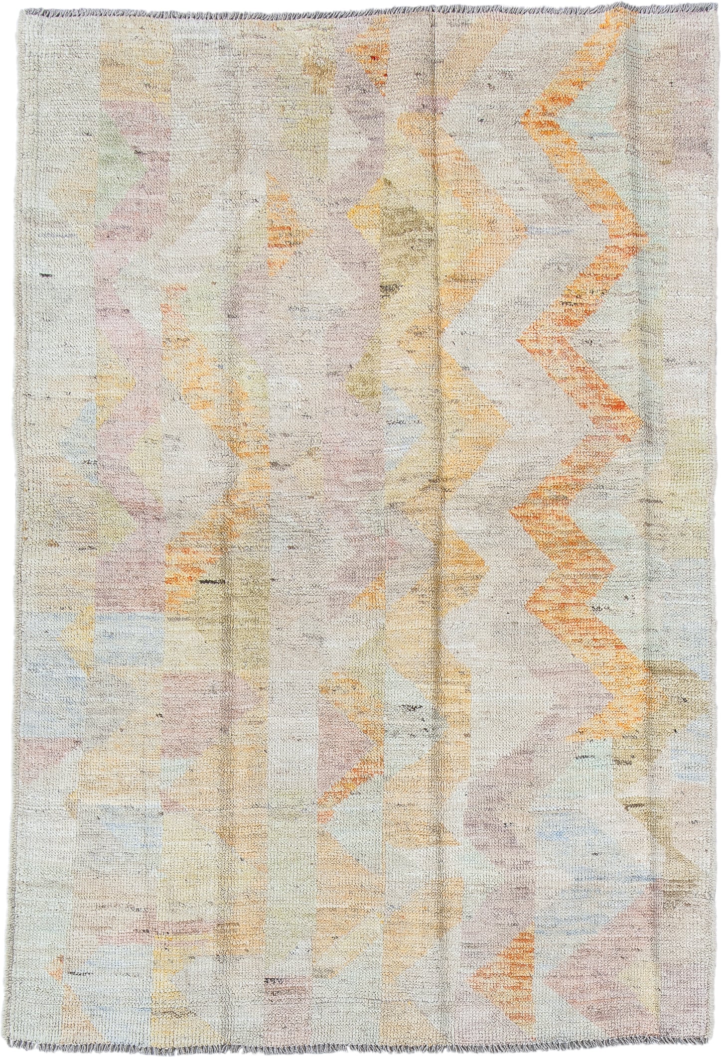 4' x 5' one-of-a-kind handmade vintage Kilim small size rug. Color palette: ivory, saffron, blush, sky blue, sage, taupe