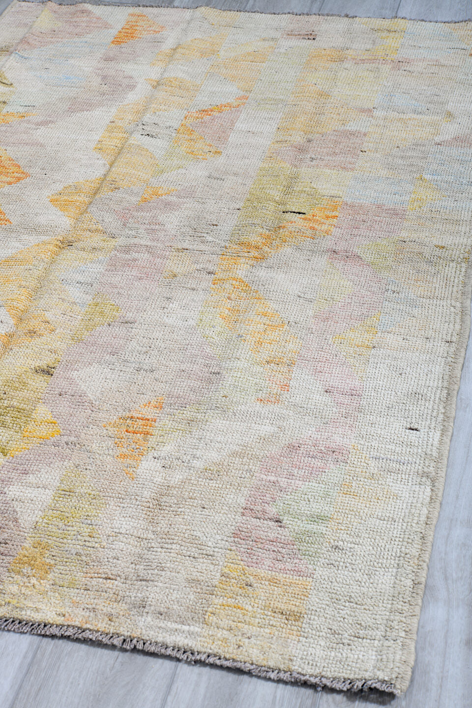 4' x 5' one-of-a-kind handmade vintage Kilim small size rug. Color palette: ivory, saffron, blush, sky blue, sage, taupe