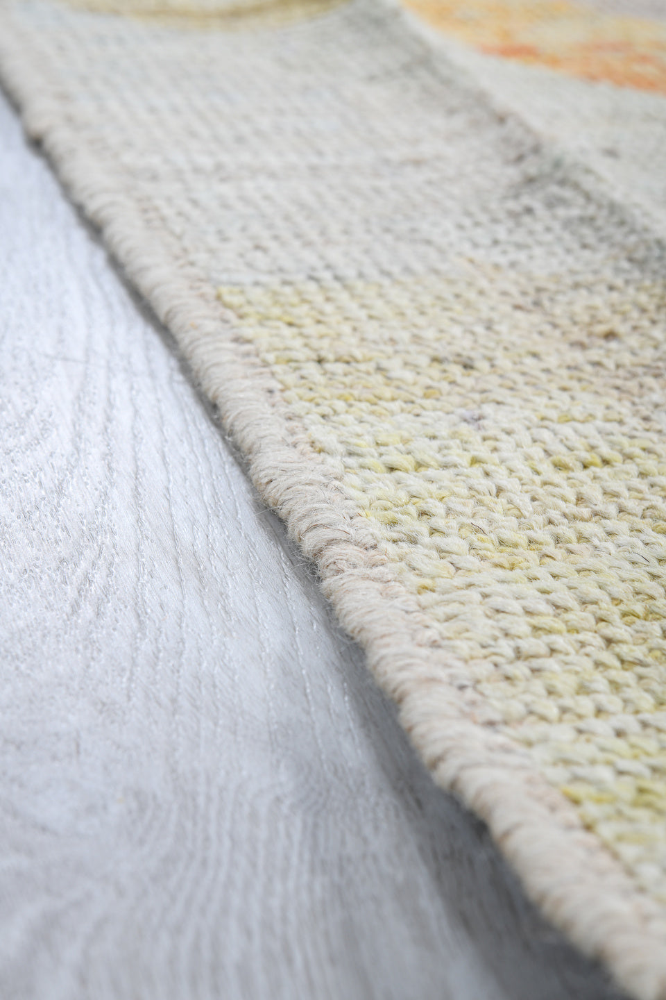 4' x 5' one-of-a-kind handmade vintage Kilim small size rug. Color palette: ivory, saffron, blush, sky blue, sage, taupe