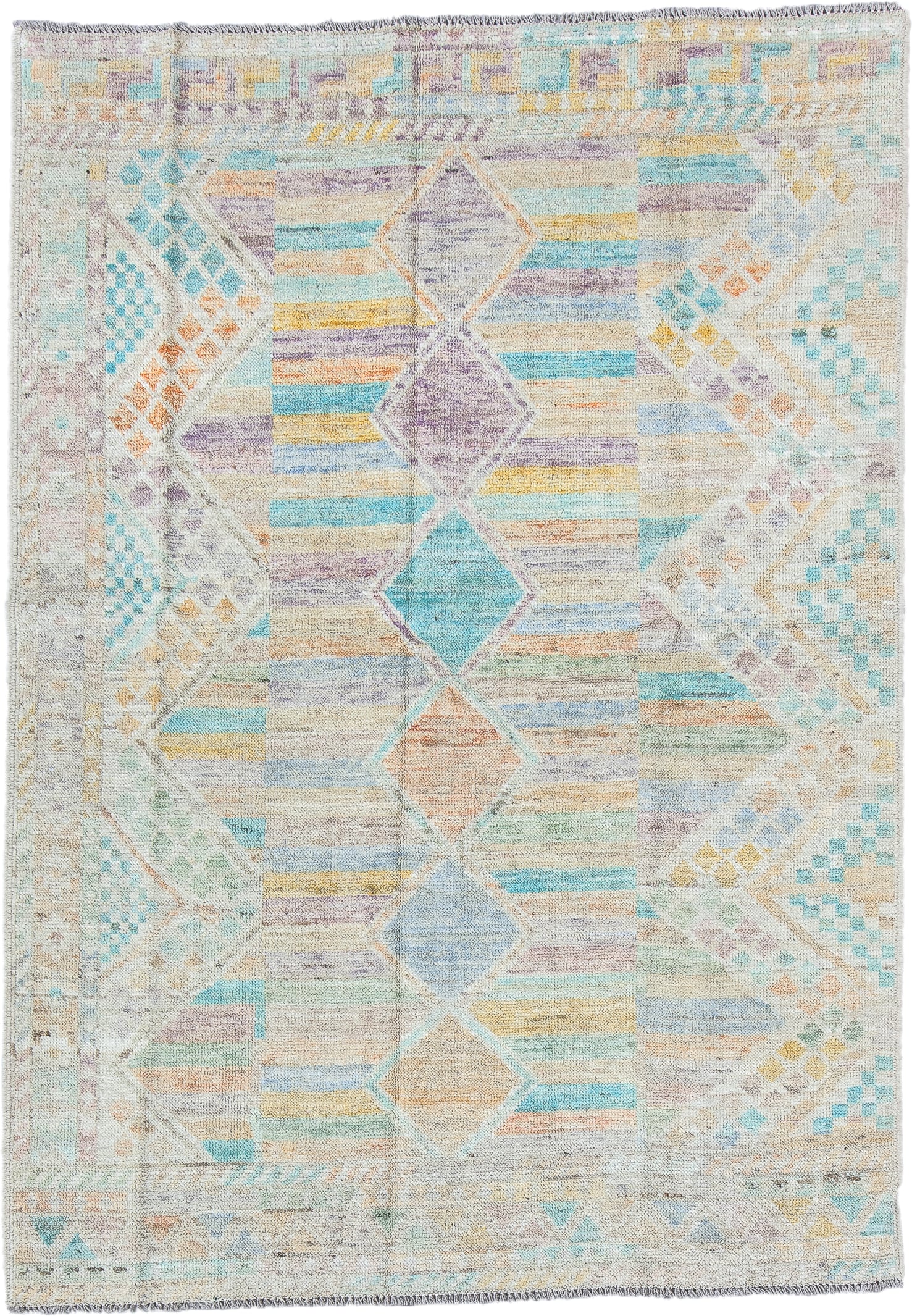 4' x 5' one-of-a-kind handmade vintage Kilim small size rug. Color palette: ivory, aqua, lavender, pale gold, peach