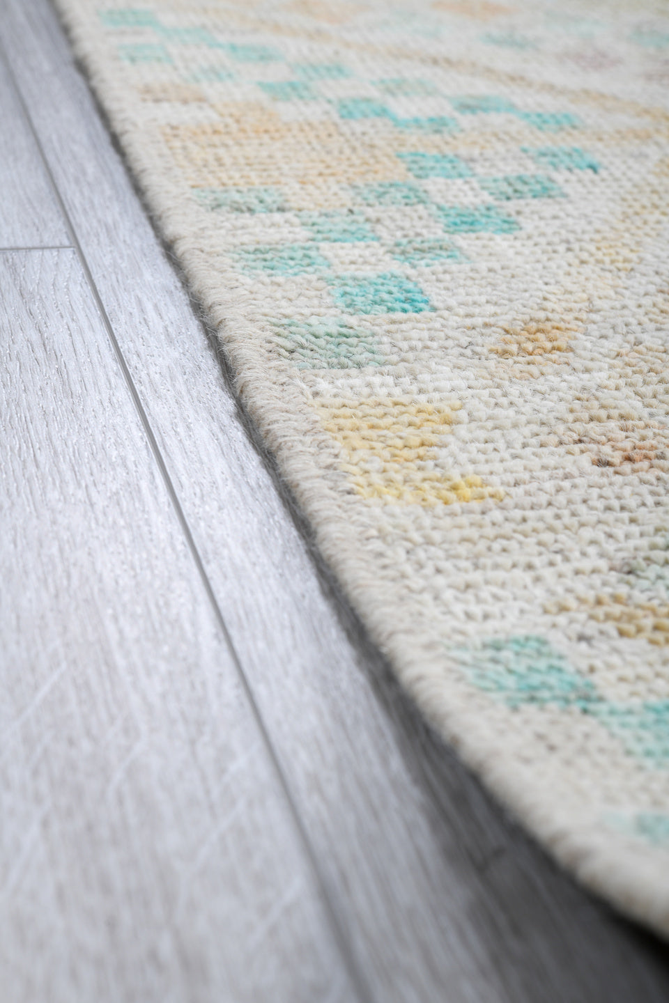 4' x 5' one-of-a-kind handmade vintage Kilim small size rug. Color palette: ivory, aqua, lavender, pale gold, peach
