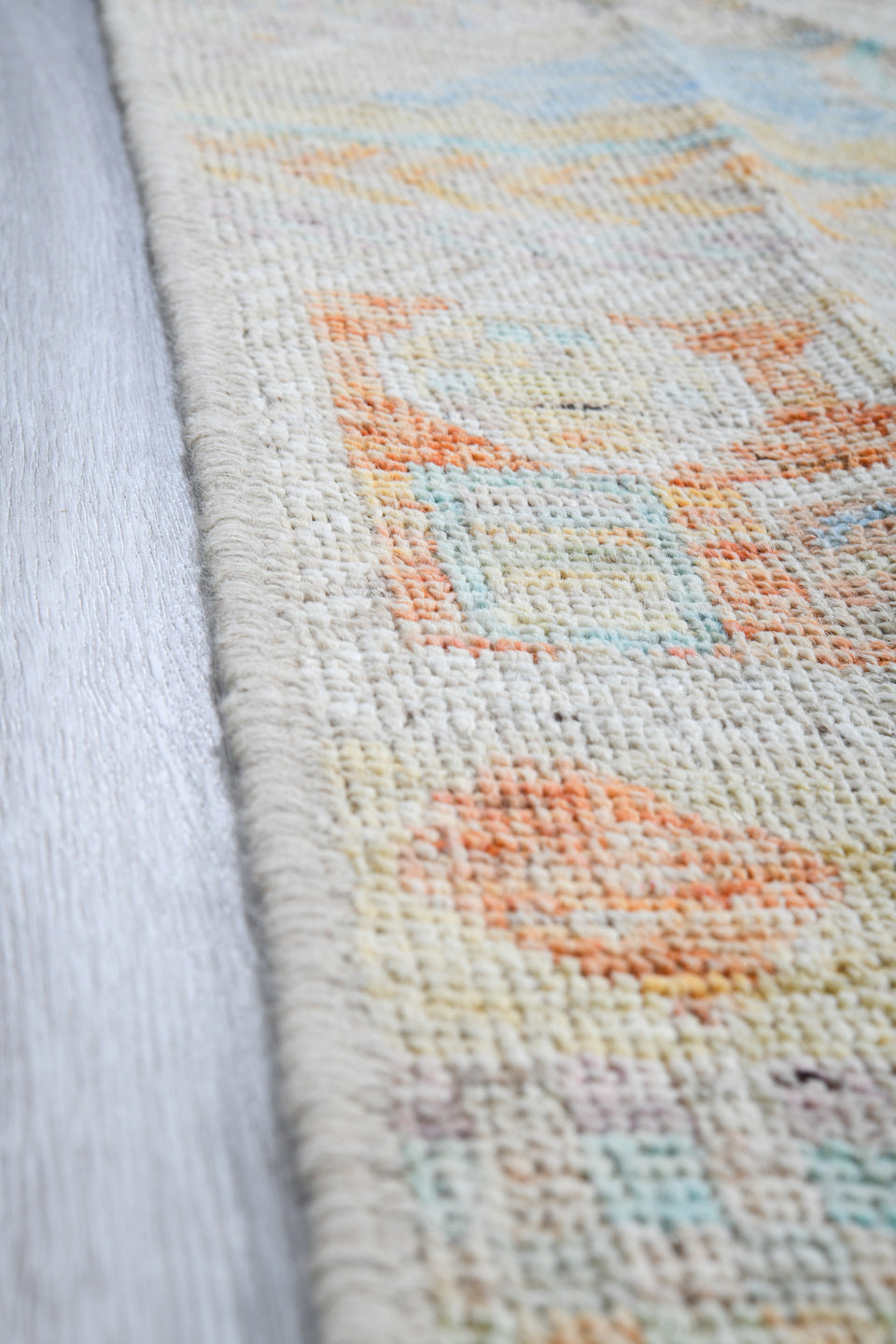 4' x 6' one-of-a-kind handmade vintage Tulu small size rug. Color palette: ivory, pale aqua, apricot, sage, lavender, taupe