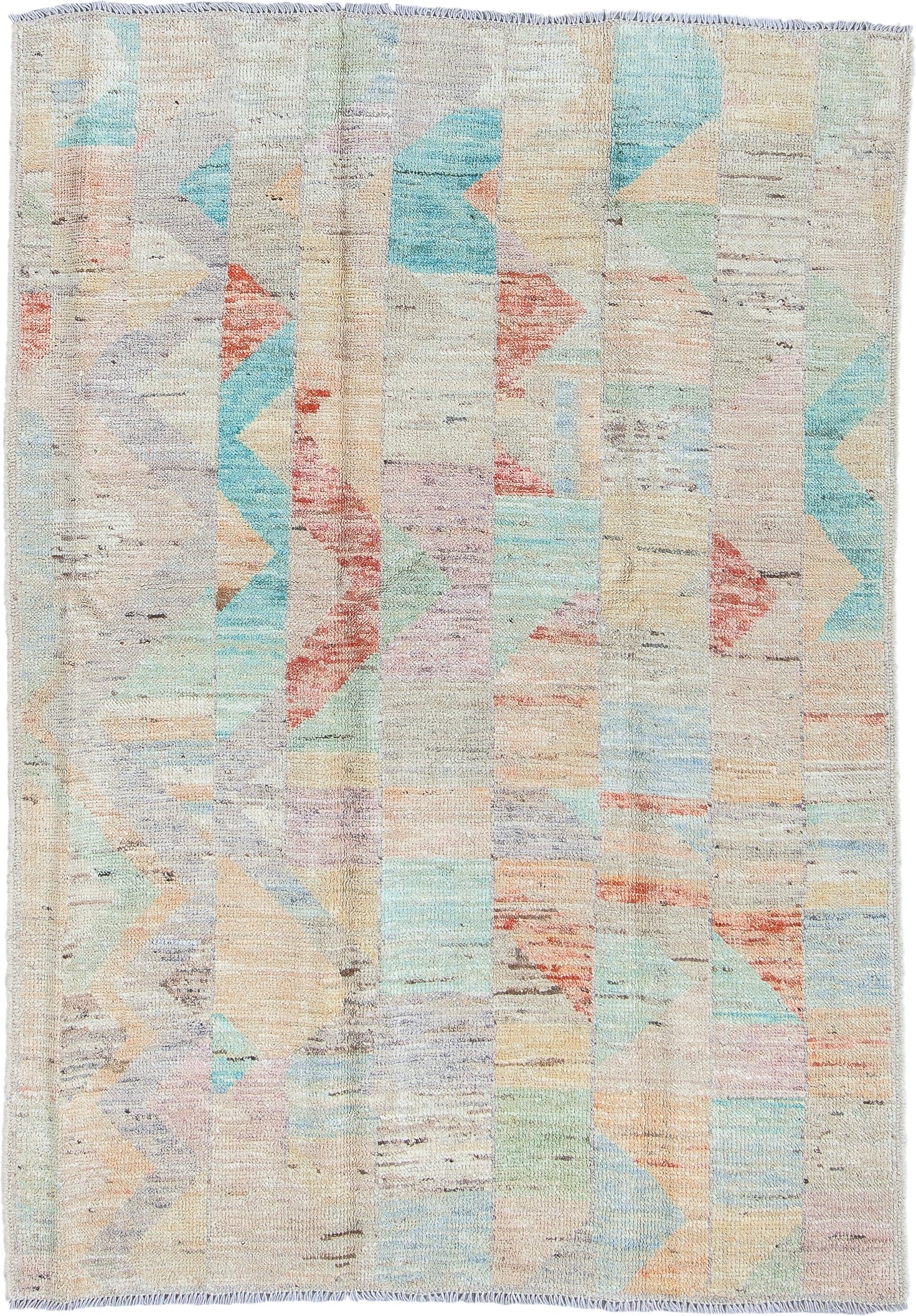 4' x 5' one-of-a-kind handmade vintage Gabbe small size rug. Color palette: ivory, aqua, cream, coral, sage, blush