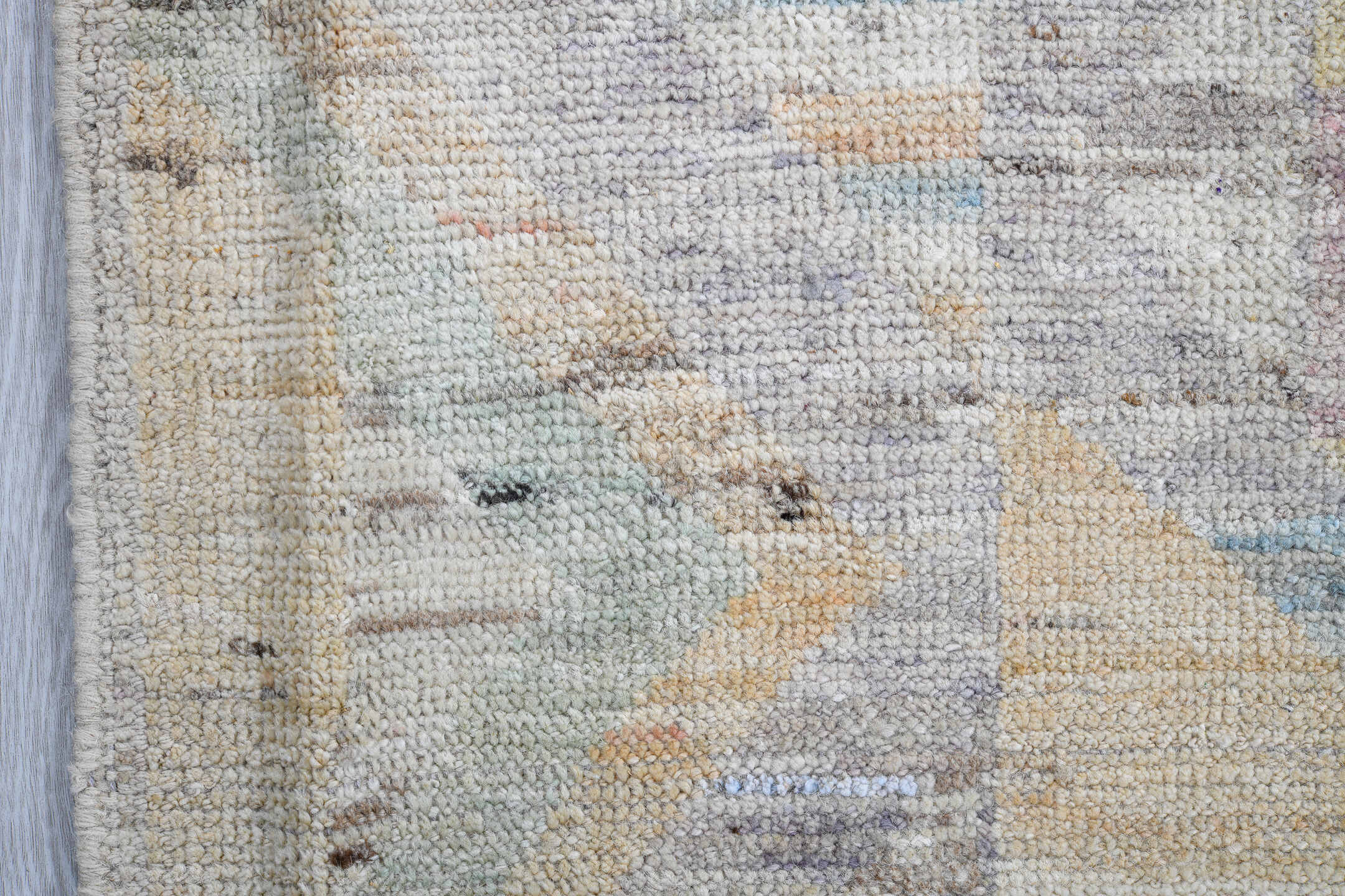 4' x 5' one-of-a-kind handmade vintage Gabbe small size rug. Color palette: ivory, aqua, cream, coral, sage, blush