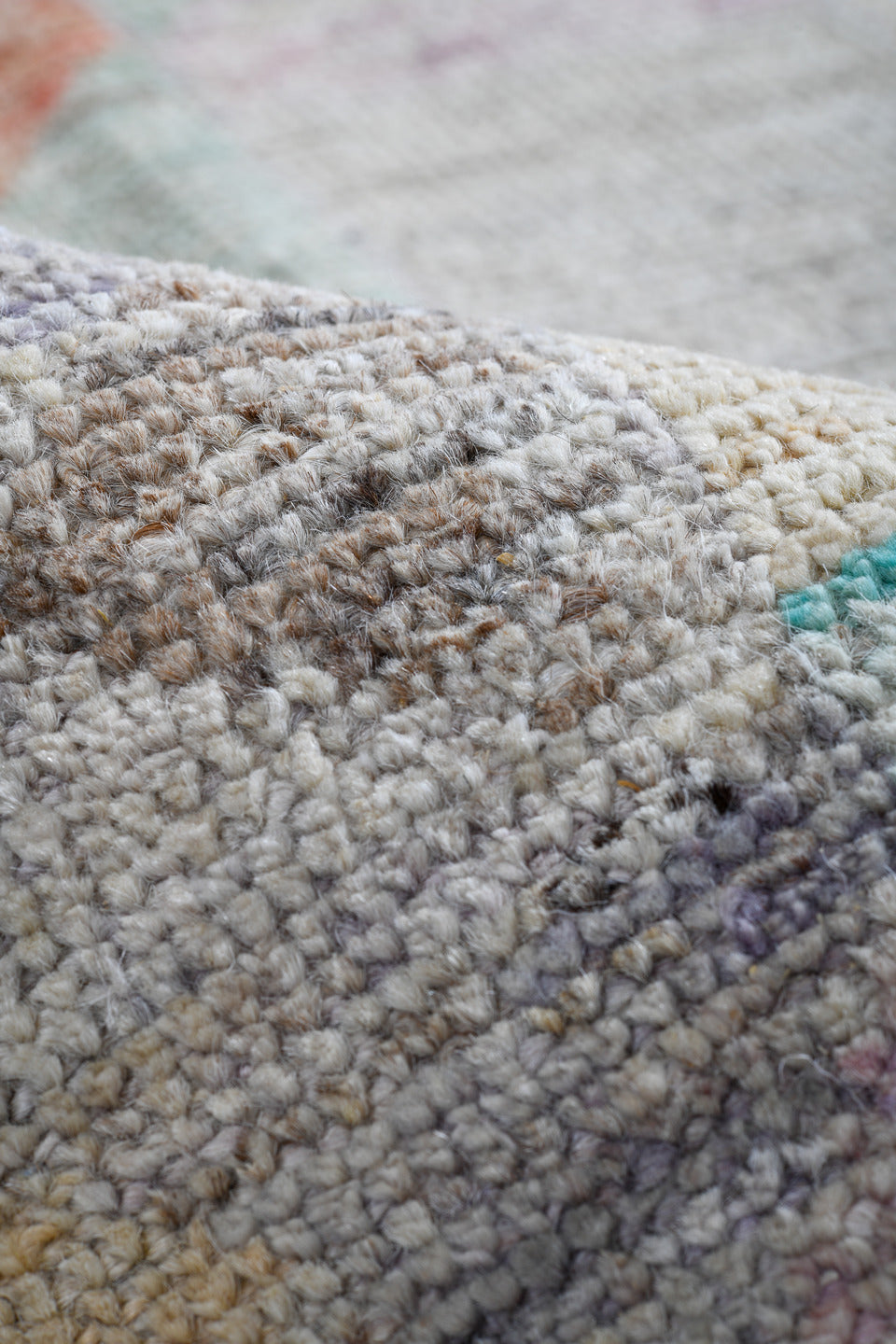 4' x 5' one-of-a-kind handmade vintage Gabbe small size rug. Color palette: ivory, aqua, cream, coral, sage, blush