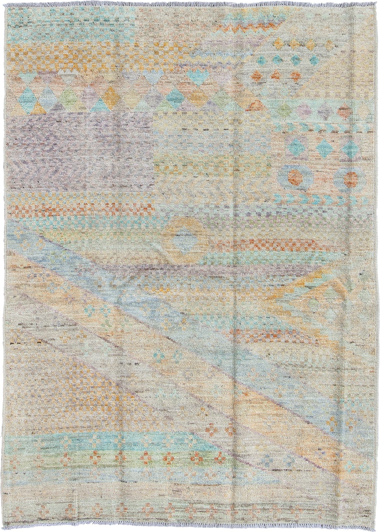 4' x 5' one-of-a-kind handmade vintage Kilim small size rug. Color palette: ivory, pale aqua, sand, lavender, saffron, taupe