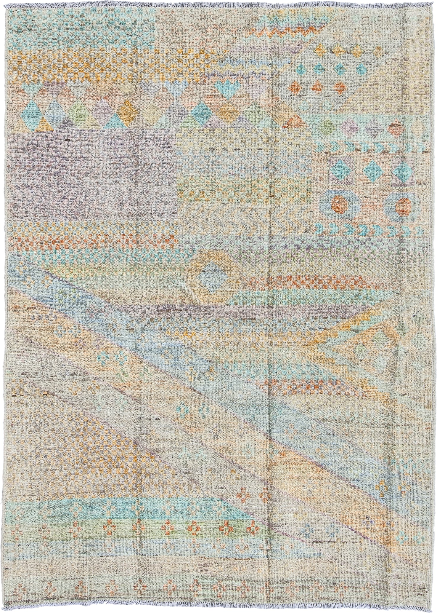 4' x 5' one-of-a-kind handmade vintage Kilim small size rug. Color palette: ivory, pale aqua, sand, lavender, saffron, taupe