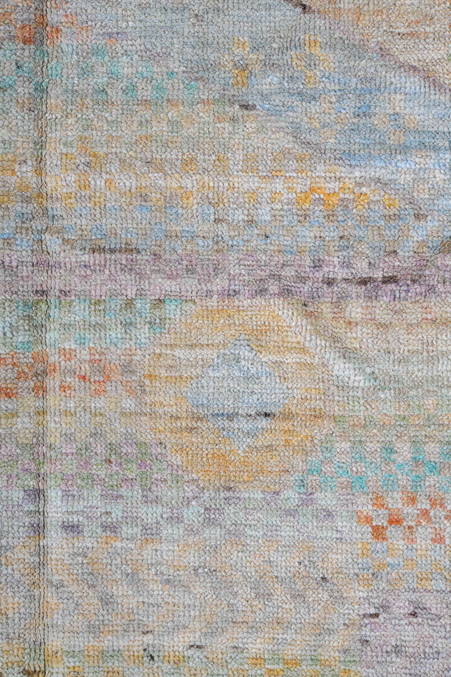 4' x 5' one-of-a-kind handmade vintage Kilim small size rug. Color palette: ivory, pale aqua, sand, lavender, saffron, taupe