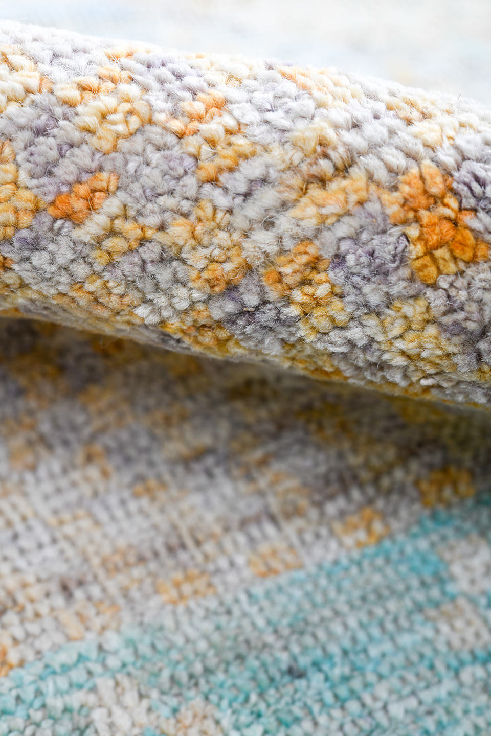 4' x 5' one-of-a-kind handmade vintage Kilim small size rug. Color palette: ivory, pale aqua, sand, lavender, saffron, taupe