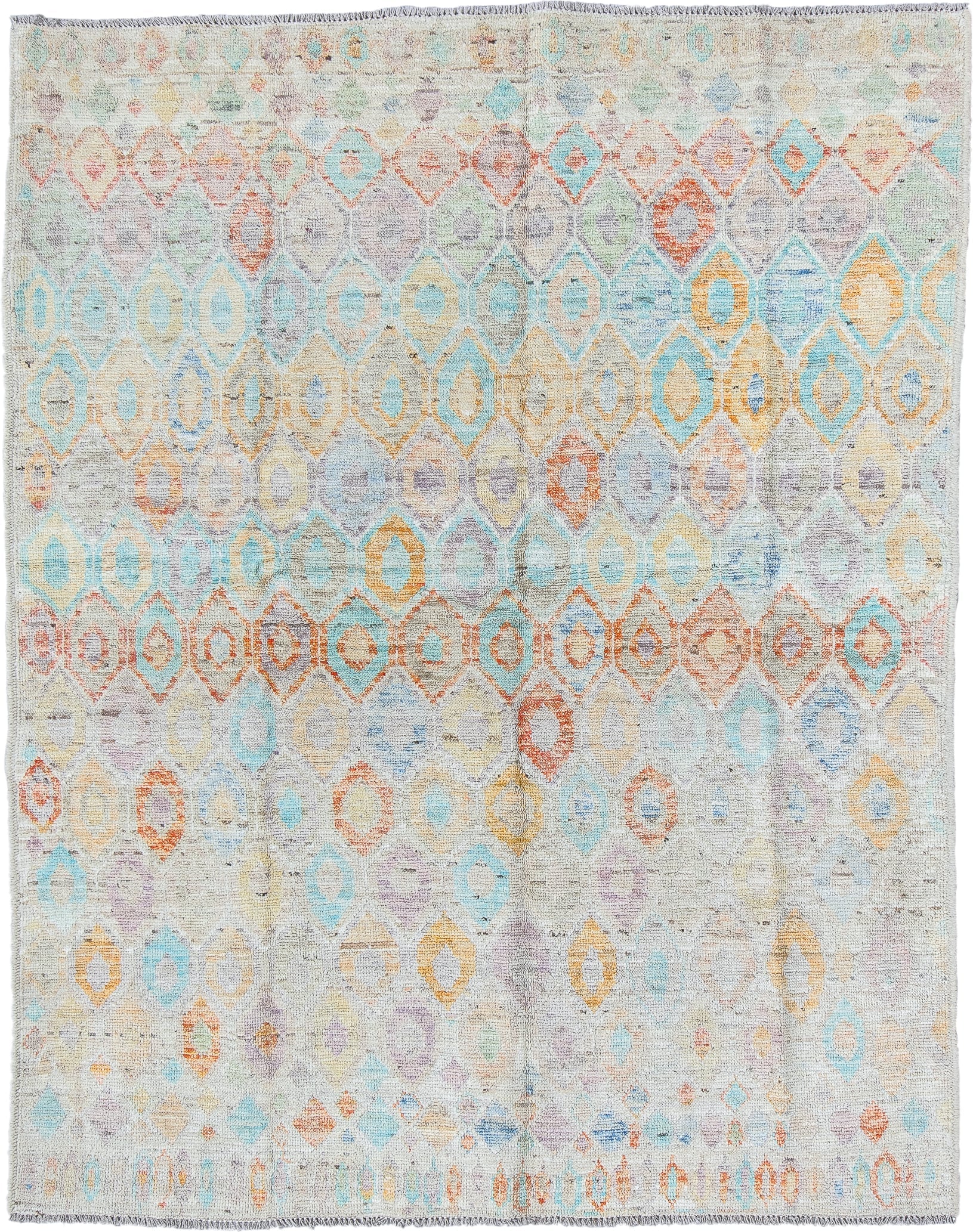 5' x 6' one-of-a-kind handmade vintage Tulu rug. Color palette: ivory, aqua, coral, saffron, lavender, pale blue, taupe