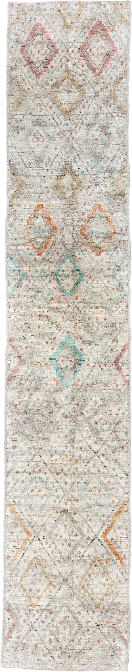 2' x 15' one-of-a-kind handmade vintage Oushak runner rug. Color palette: ivory, taupe, coral, aqua, gold, sand, sage, beige