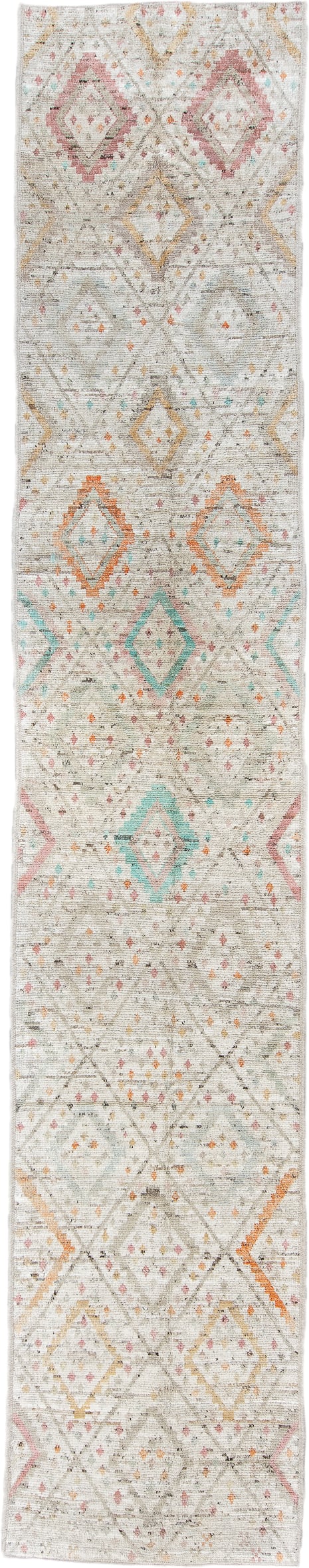 2' x 15' one-of-a-kind handmade vintage Oushak runner rug. Color palette: ivory, taupe, coral, aqua, gold, sand, sage, beige