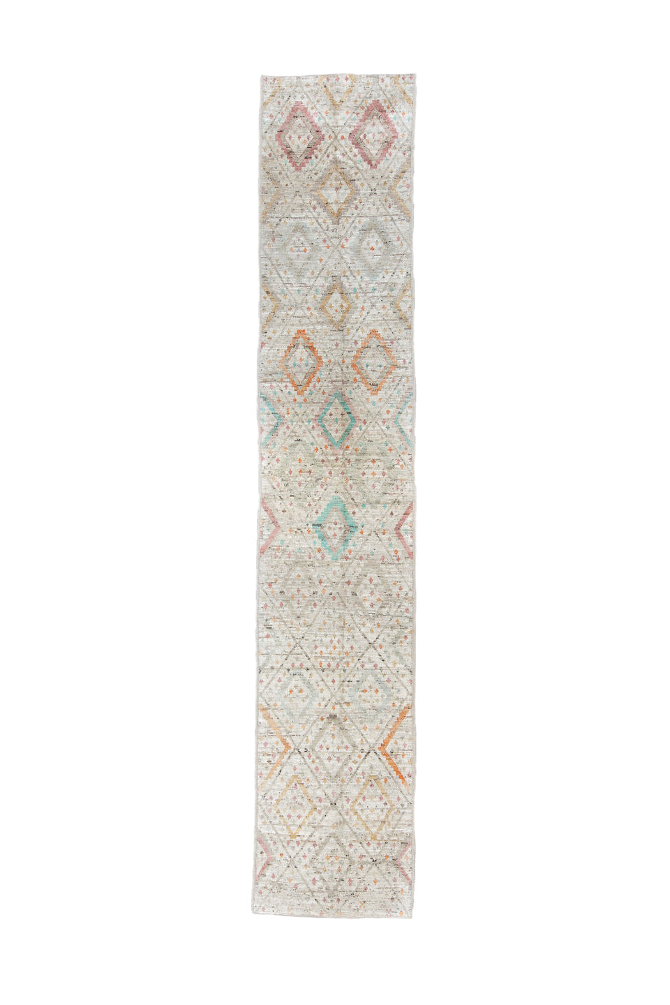 2' x 15' one-of-a-kind handmade vintage Oushak runner rug. Color palette: ivory, taupe, coral, aqua, gold, sand, sage, beige